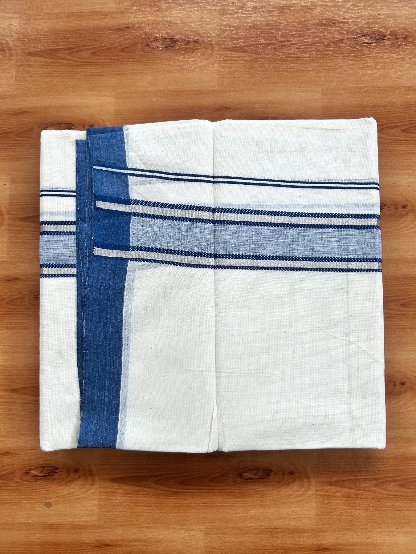Double Off White (Unbleached) Mundu/Dhoti - 20% Discount! Kaitharikada Pure Cotton - 60s - 1.25 inch Silver Kasav & Peacock Blue Shaded Striped Kara 4 mtr (8.5 muzham) - 31 KK5460 PMC