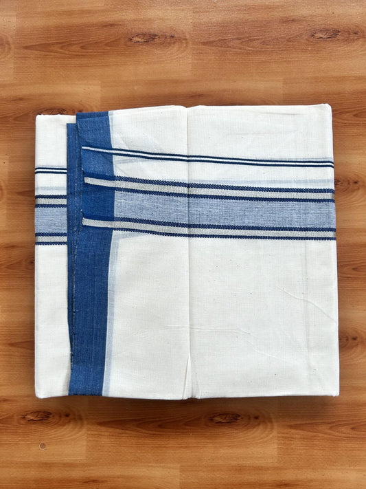 Double Off White (Unbleached) Mundu/Dhoti - 20% Discount! Kaitharikada Pure Cotton - 60s - 1.25 inch Silver Kasav & Peacock Blue Shaded Striped Kara 4 mtr (8.5 muzham) - 31 KK5460 PMC