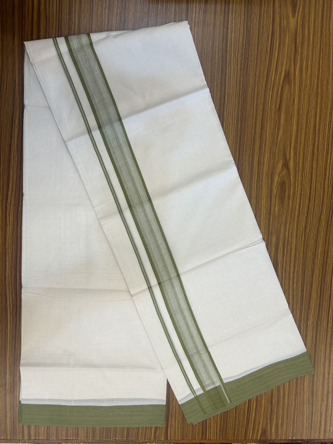 20% Discount! Kaitharikada Balaramapuram Double Off White Mundu/Dhoti -100x80 - 1.5 Inch Olive Green Stripes Kara 4 mtr (8.5 muzham) - 8 KK5311 VAS