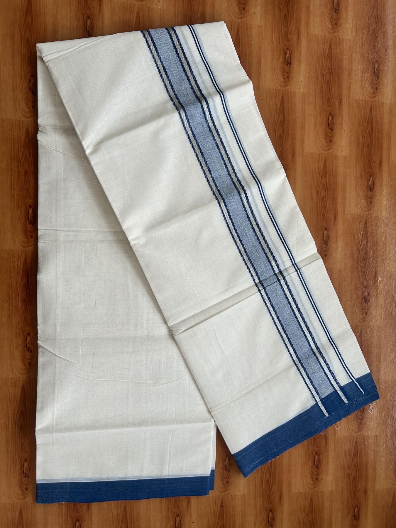 Double Off White (Unbleached) Mundu/Dhoti - 20% Discount! Kaitharikada Pure Cotton - 60s - 1.25 inch Silver Kasav & Peacock Blue Shaded Striped Kara 4 mtr (8.5 muzham) - 31 KK5460 PMC
