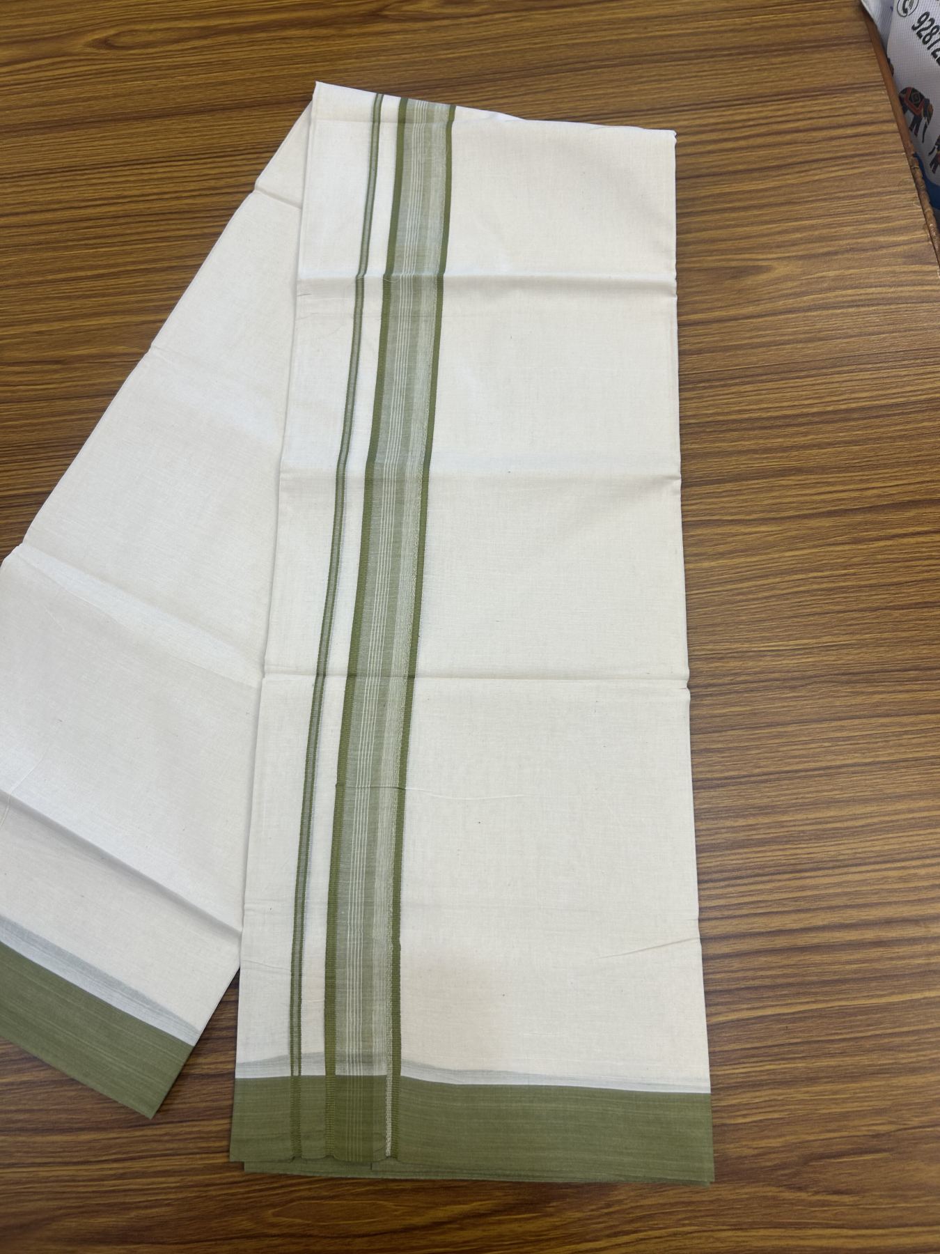 20% Discount! Kaitharikada Balaramapuram Double Off White Mundu/Dhoti -100x80 - 1.5 Inch Olive Green Stripes Kara 4 mtr (8.5 muzham) - 8 KK5311 VAS