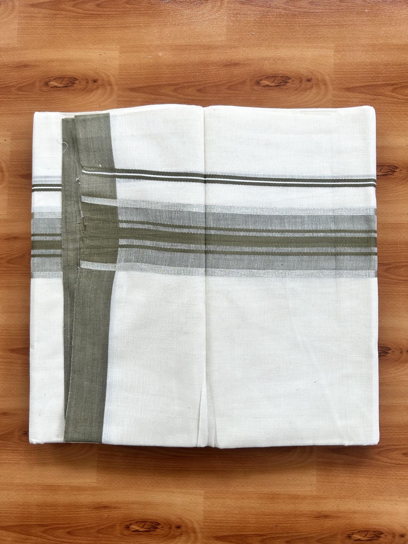Double Off White (Unbleached) Mundu/Dhoti - 20% Discount! Kaitharikada Pure Cotton - 60s - 1.5 inch Silver Kasav & Brownish Green Shaded Striped Kara 4 mtr (8.5 muzham) - 40 KK5460 PMC