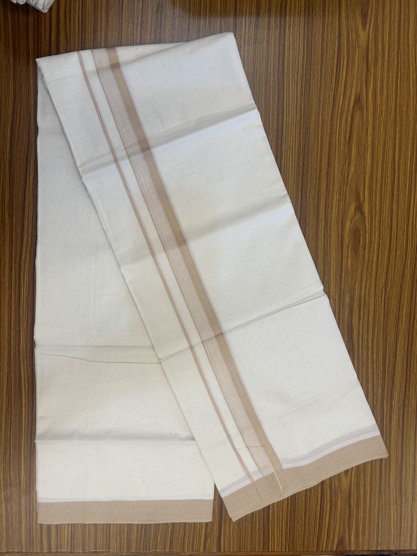 20% Discount! Kaitharikada Balaramapuram Double Off White Mundu/Dhoti -100x80 - 1.25 Inch Sand Brown Shaded Stripes Kara 4 mtr (8.5 muzham) - 15 KK5311 VAS