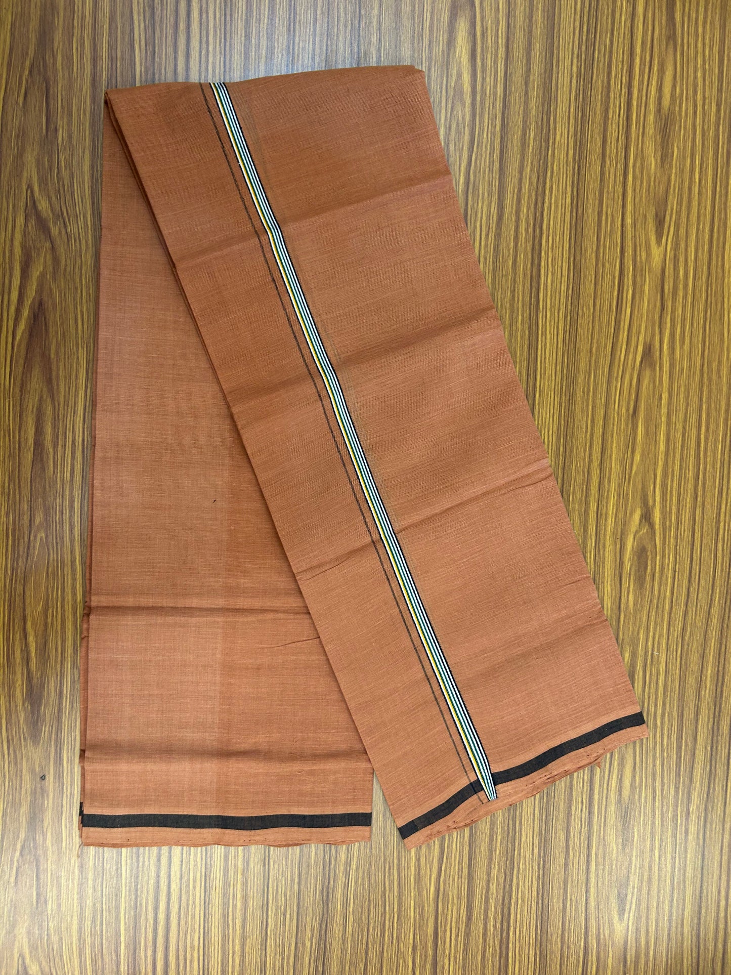 Kerala Handloom Single  - KaithariKada 100% Pure Cotton - Mundu/Dhoti Kavi Body & 0.75 inch Green Black & Yellow Striped Kara - (2 meter / 4 muzham)- 44 KK8051 ELA