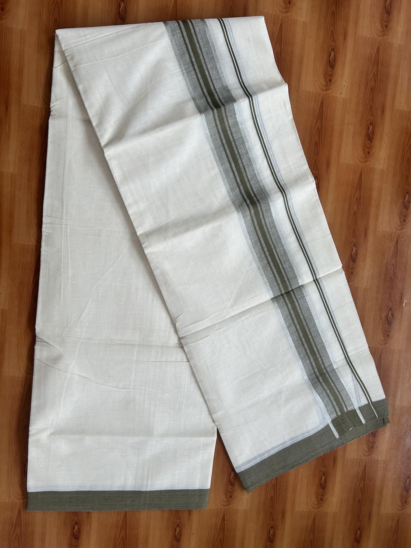 Double Off White (Unbleached) Mundu/Dhoti - 20% Discount! Kaitharikada Pure Cotton - 60s - 1.5 inch Silver Kasav & Brownish Green Shaded Striped Kara 4 mtr (8.5 muzham) - 40 KK5460 PMC