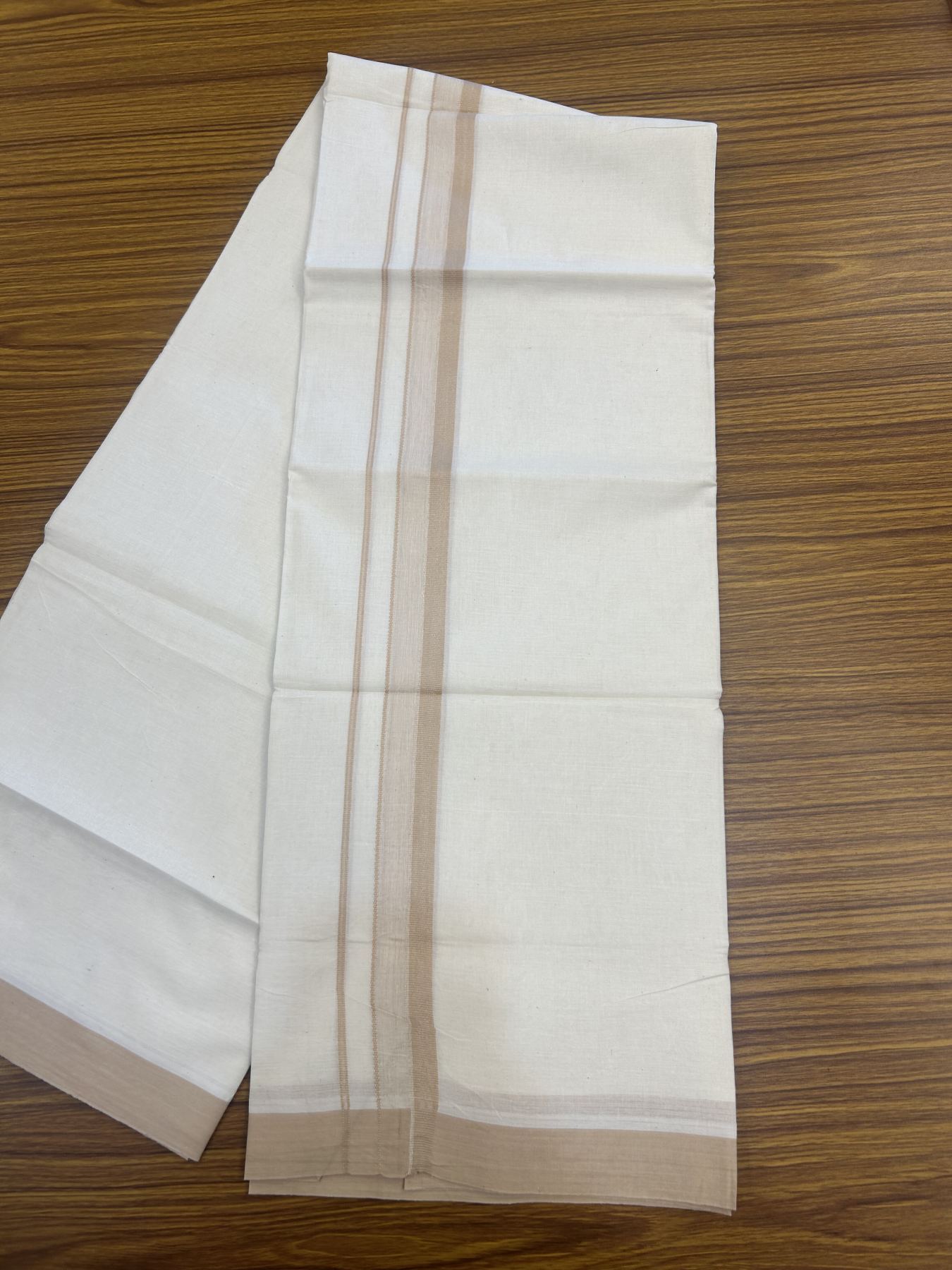 20% Discount! Kaitharikada Balaramapuram Double Off White Mundu/Dhoti -100x80 - 1.25 Inch Sand Brown Shaded Stripes Kara 4 mtr (8.5 muzham) - 15 KK5311 VAS