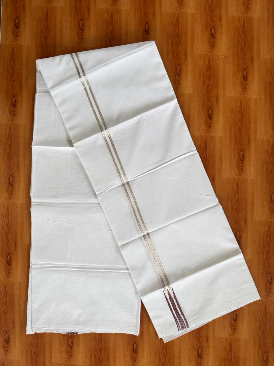 Pure white Double Mundu/Dhoti - 20% Discount! KaithariKada 100% Cotton - 100X80 - 0.75 inch Silver Kasav Dark Magenta Double Chutty Kara - 3.90 mtr (8.5 muzham) - 5 KK5480 CKS