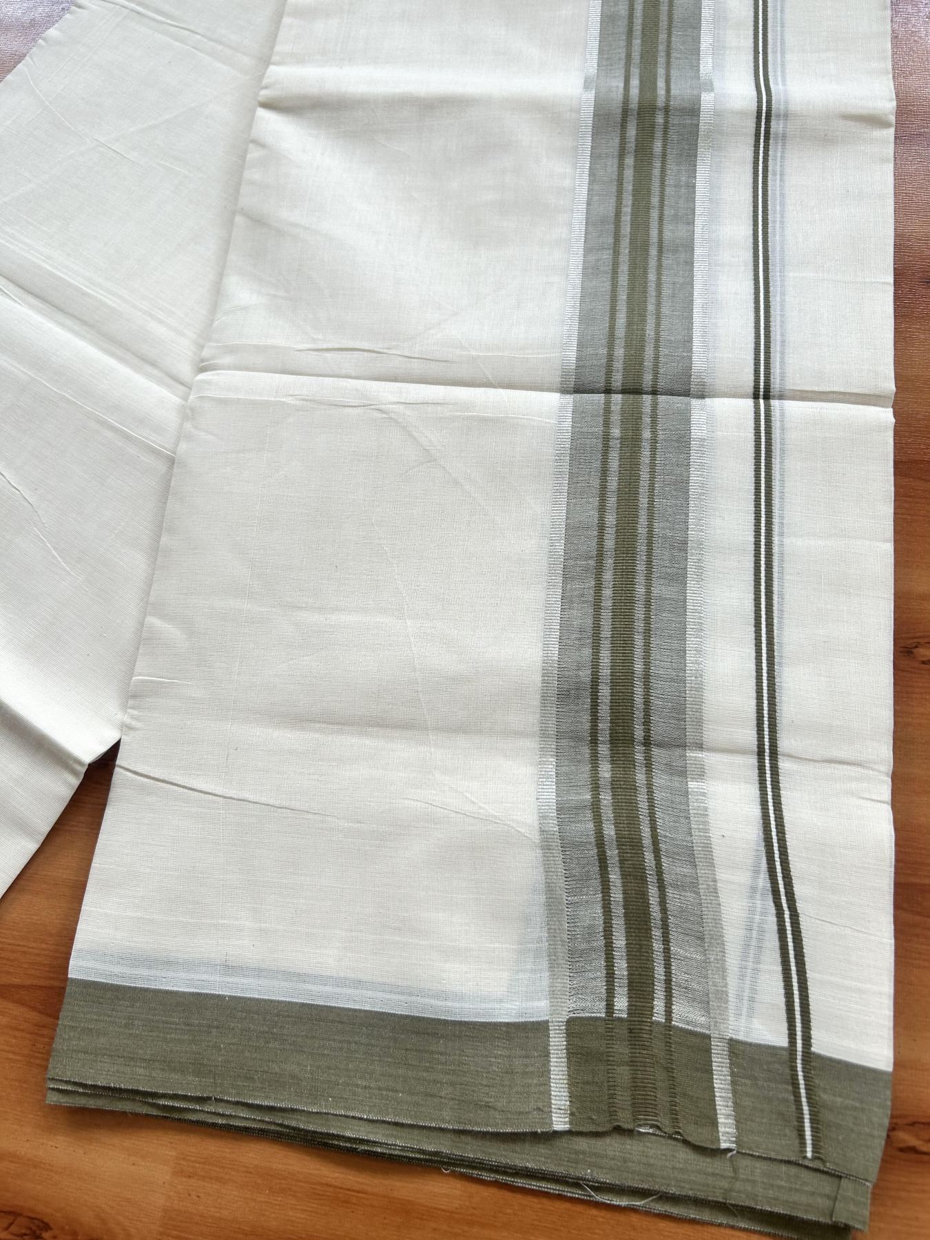 Double Off White (Unbleached) Mundu/Dhoti - 20% Discount! Kaitharikada Pure Cotton - 60s - 1.5 inch Silver Kasav & Brownish Green Shaded Striped Kara 4 mtr (8.5 muzham) - 40 KK5460 PMC