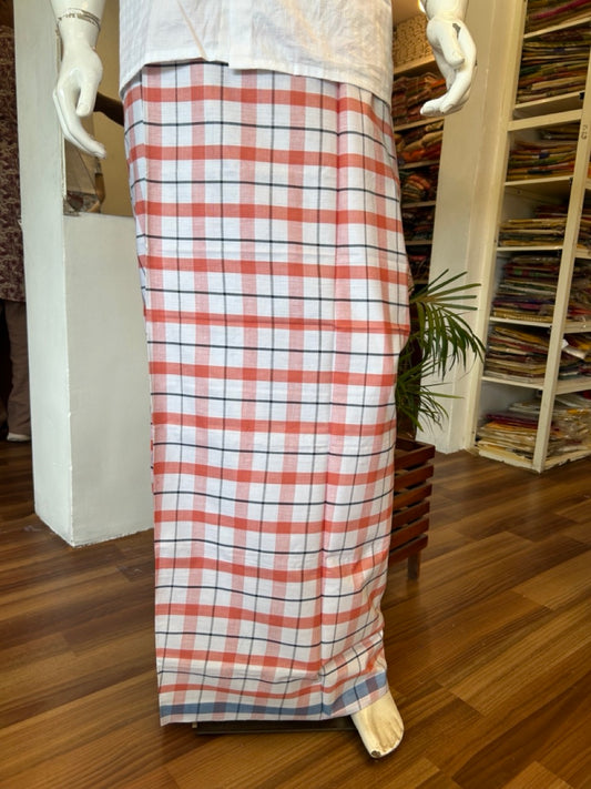 19% Discount!! KaithariKada Kalamachal 100% Cotton Lungi/Kaily-  1.2inch Orange White Blue Check Border -33