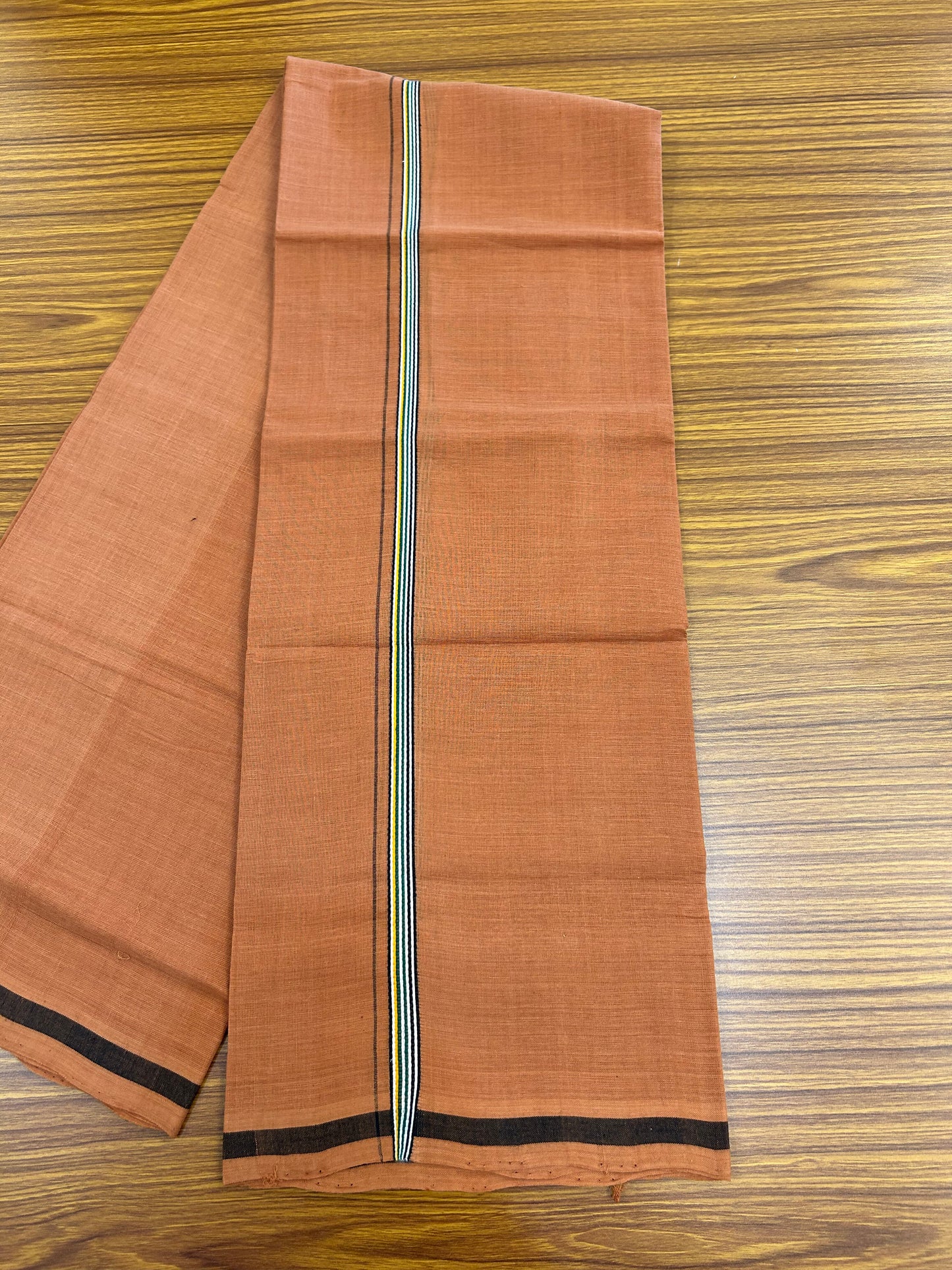 Kerala Handloom Single  - KaithariKada 100% Pure Cotton - Mundu/Dhoti Kavi Body & 0.75 inch Green Black & Yellow Striped Kara - (2 meter / 4 muzham)- 44 KK8051 ELA