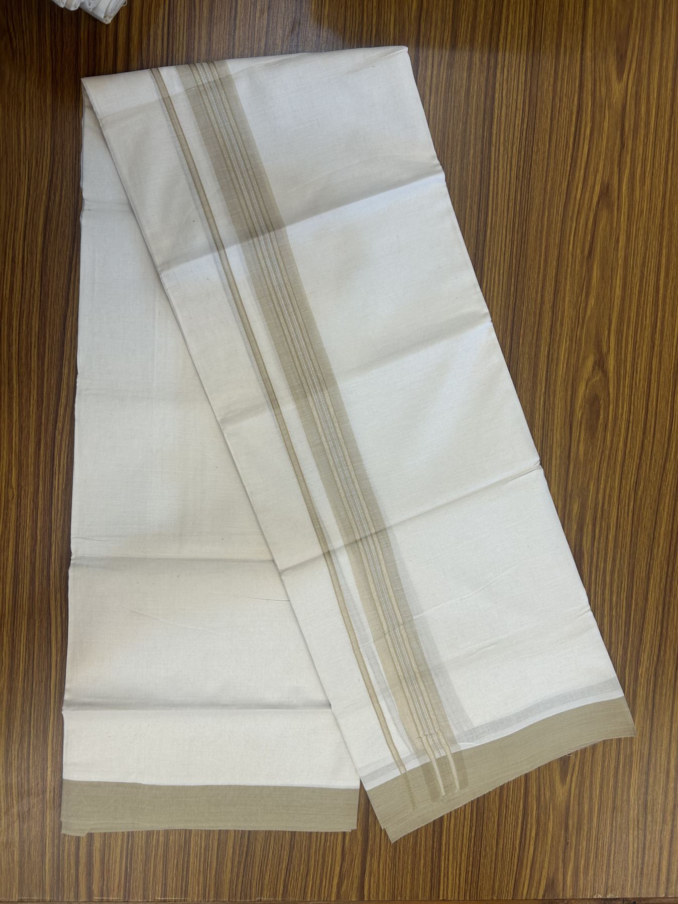 20% Discount! Kaitharikada Balaramapuram Double Off White Mundu/Dhoti - 100x80 - 1.5 Inch Sand Brown Shaded Stripes Kara 4 mtr (8.5 muzham) - 22 KK5311 VAS