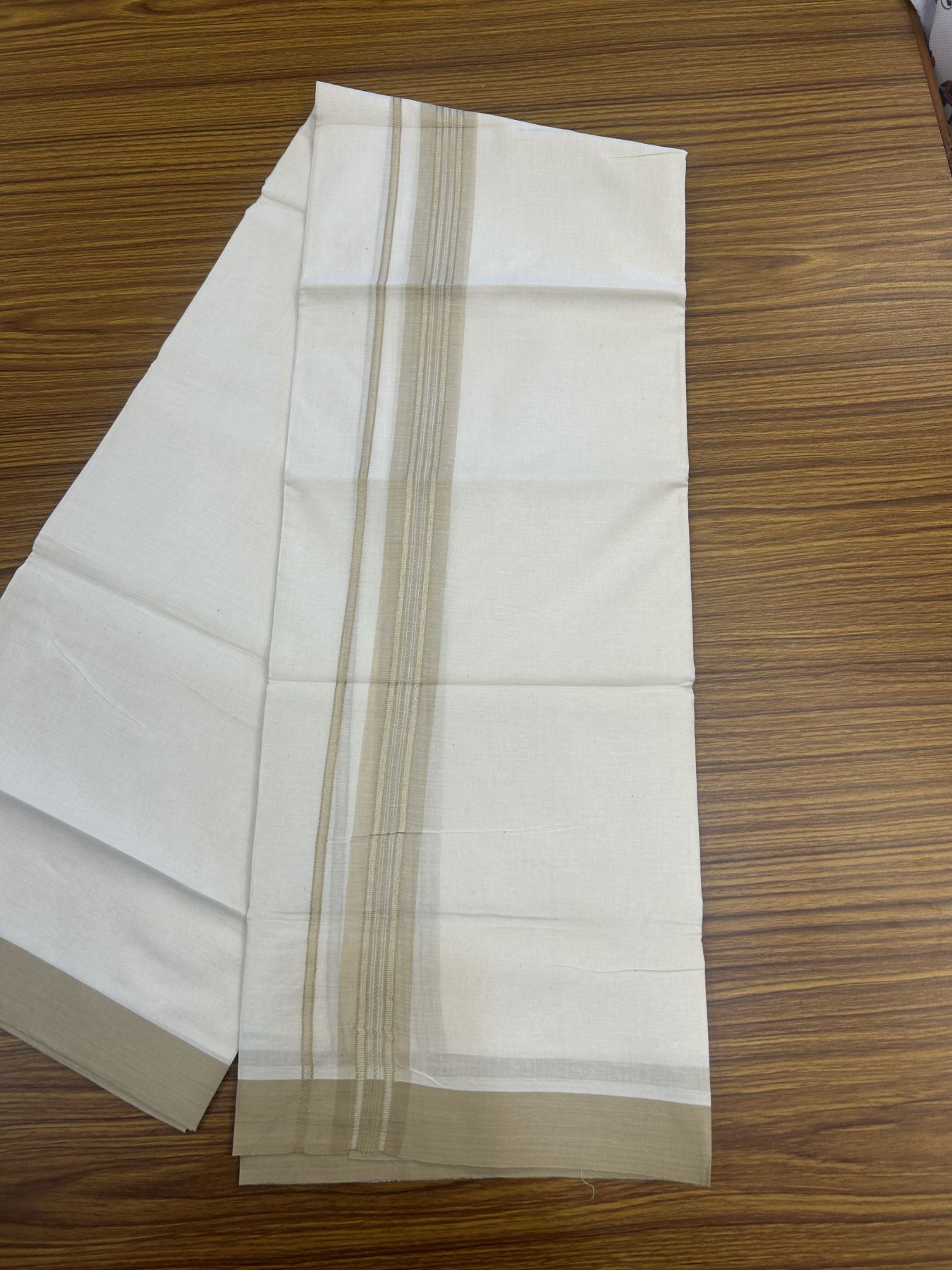 20% Discount! Kaitharikada Balaramapuram Double Off White Mundu/Dhoti - 100x80 - 1.5 Inch Sand Brown Shaded Stripes Kara 4 mtr (8.5 muzham) - 22 KK5311 VAS