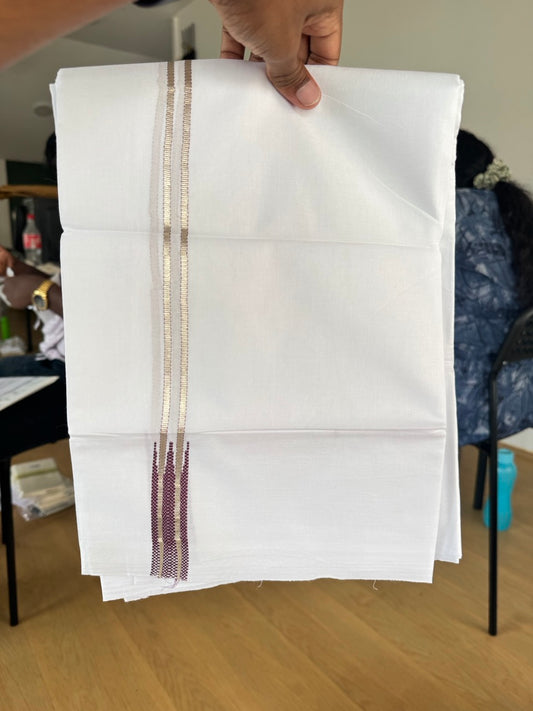 Pure white Double Mundu/Dhoti - 20% Discount! KaithariKada 100% Cotton - 100X80 - 0.75 inch Silver Kasav Dark Magenta Double Chutty Kara - 3.90 mtr (8.5 muzham) - 5 KK5480 CKS