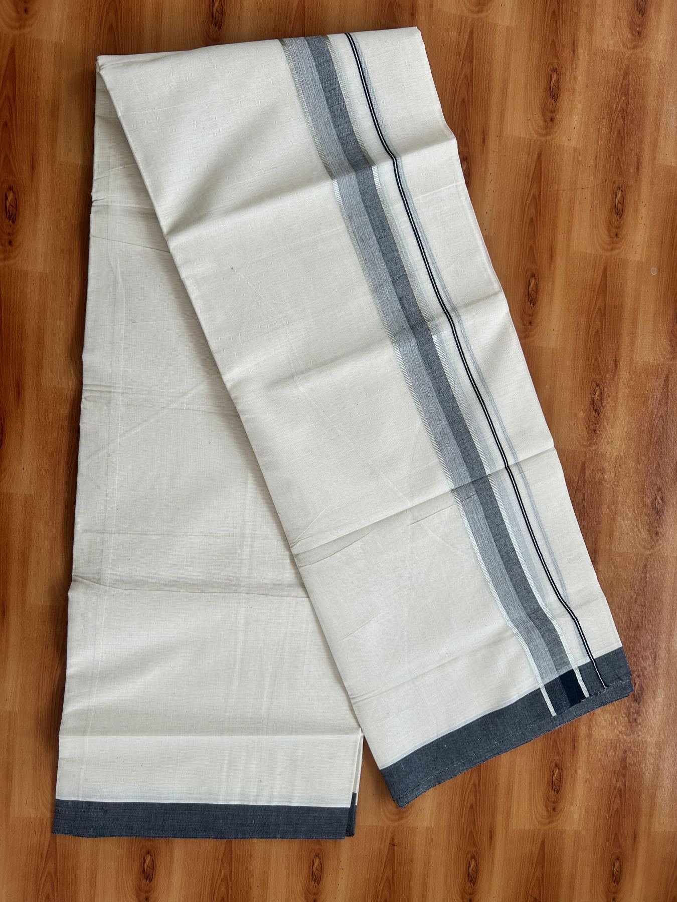 Double Off White (Unbleached) Mundu/Dhoti - 20% Discount! Kaitharikada Pure Cotton - 60s - 1.5 Inch Silver Kasav & Black Shaded Kara 4 mtr (8.5 muzham) - 45 KK5460 PMC