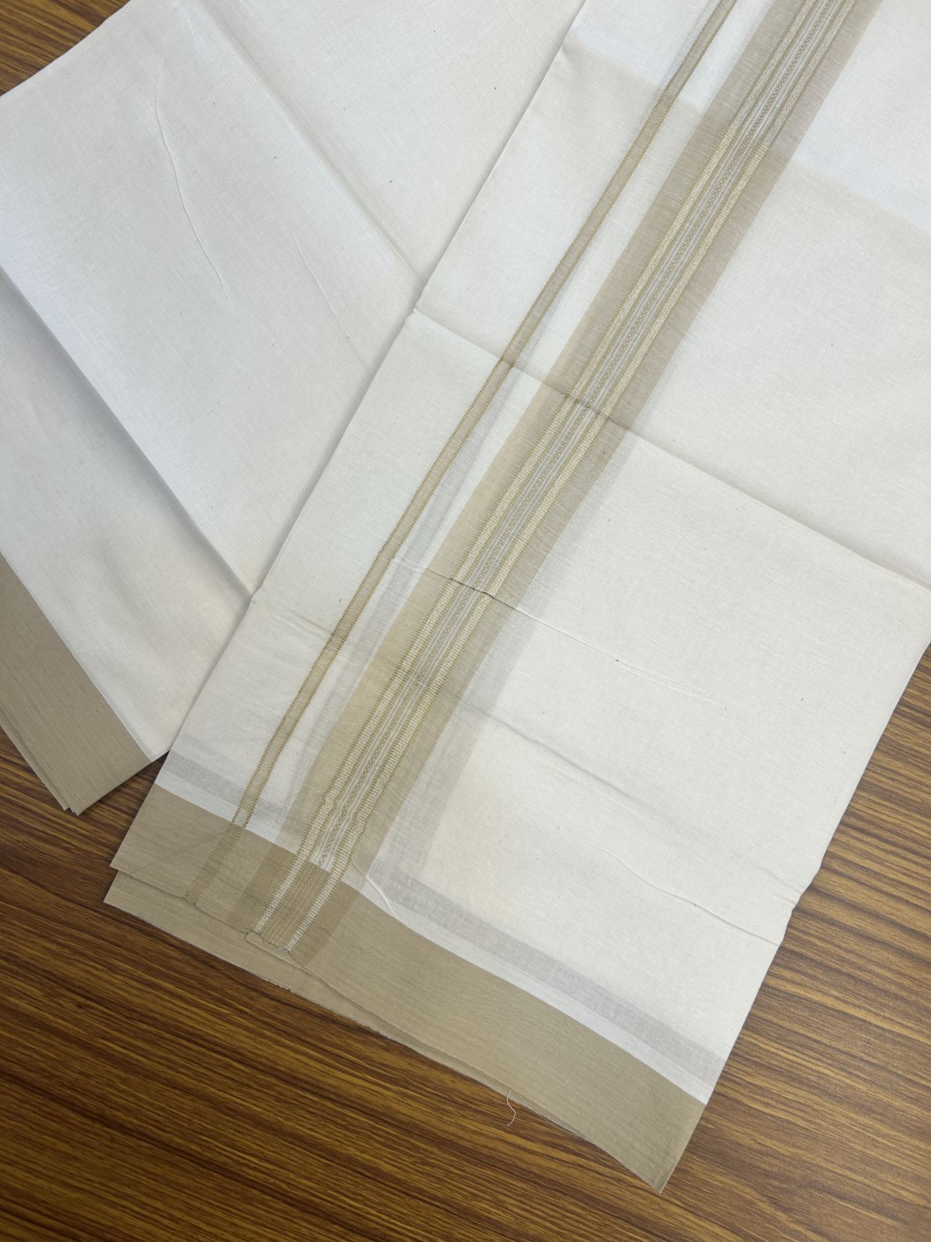 20% Discount! Kaitharikada Balaramapuram Double Off White Mundu/Dhoti - 100x80 - 1.5 Inch Sand Brown Shaded Stripes Kara 4 mtr (8.5 muzham) - 22 KK5311 VAS