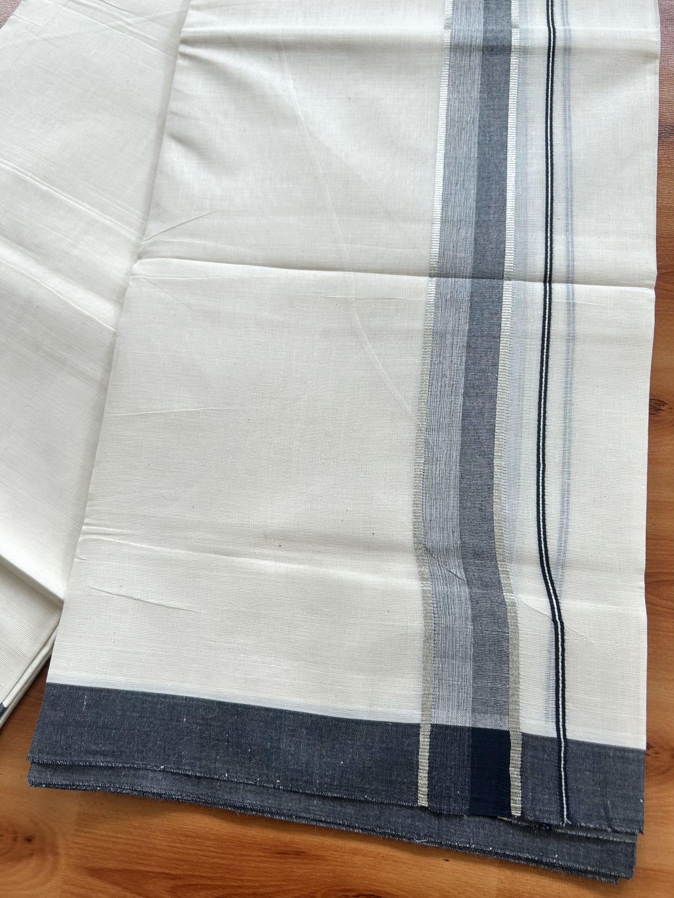 Double Off White (Unbleached) Mundu/Dhoti - 20% Discount! Kaitharikada Pure Cotton - 60s - 1.5 Inch Silver Kasav & Black Shaded Kara 4 mtr (8.5 muzham) - 45 KK5460 PMC