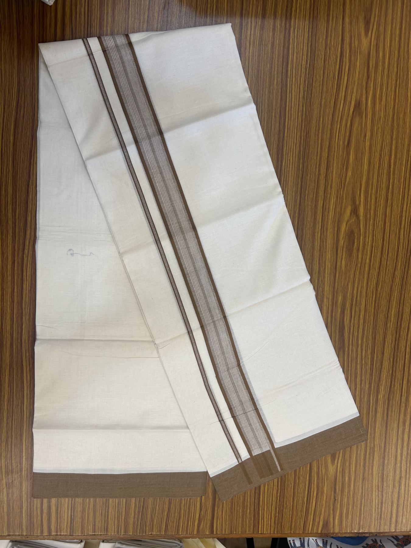 20% Discount! Kaitharikada Balaramapuram Double Off White Mundu/Dhoti - 100x80 - 1.5 Inch Chocolate Brown Shaded Stripes Kara 4 mtr (8.5 muzham) - 27 KK5311 VAS