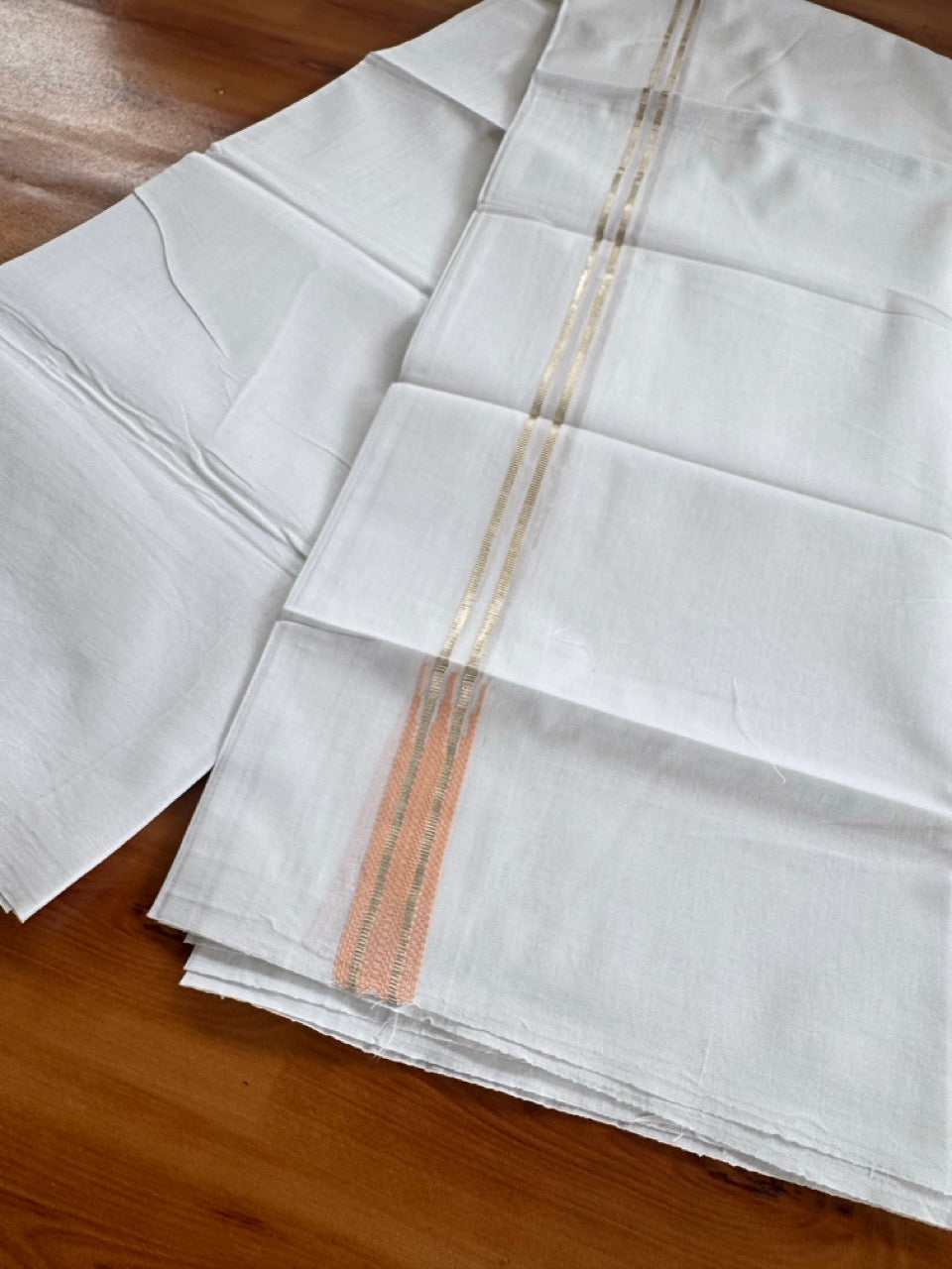 Pure white Double Mundu/Dhoti - 20% Discount! KaithariKada 100% Cotton - 100X80 - 0.75 inch Silver Kasav Peach Double Chutty Kara - 3.90 mtr (8.5 muzham) - 6 KK5480 CKS