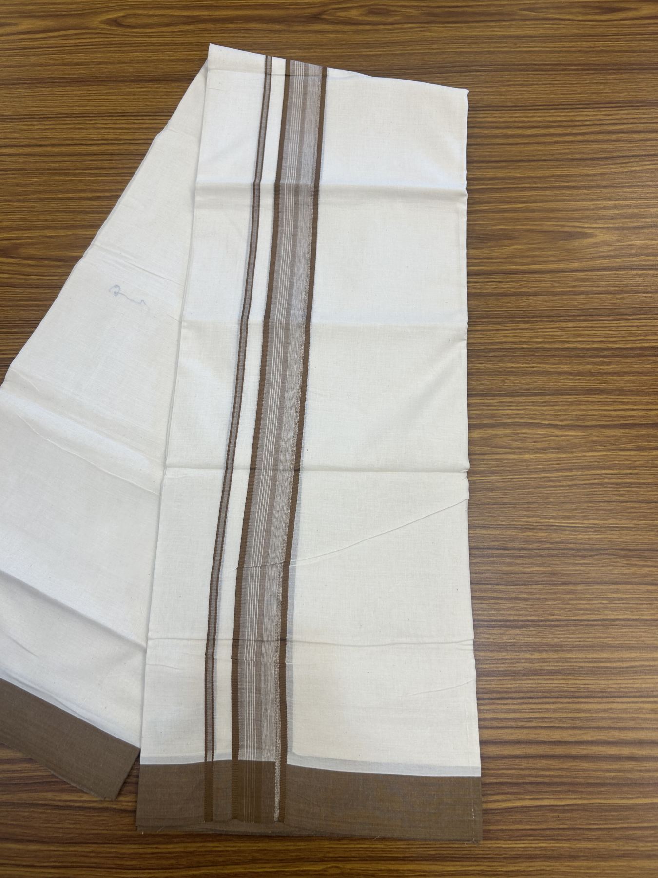 20% Discount! Kaitharikada Balaramapuram Double Off White Mundu/Dhoti - 100x80 - 1.5 Inch Chocolate Brown Shaded Stripes Kara 4 mtr (8.5 muzham) - 27 KK5311 VAS