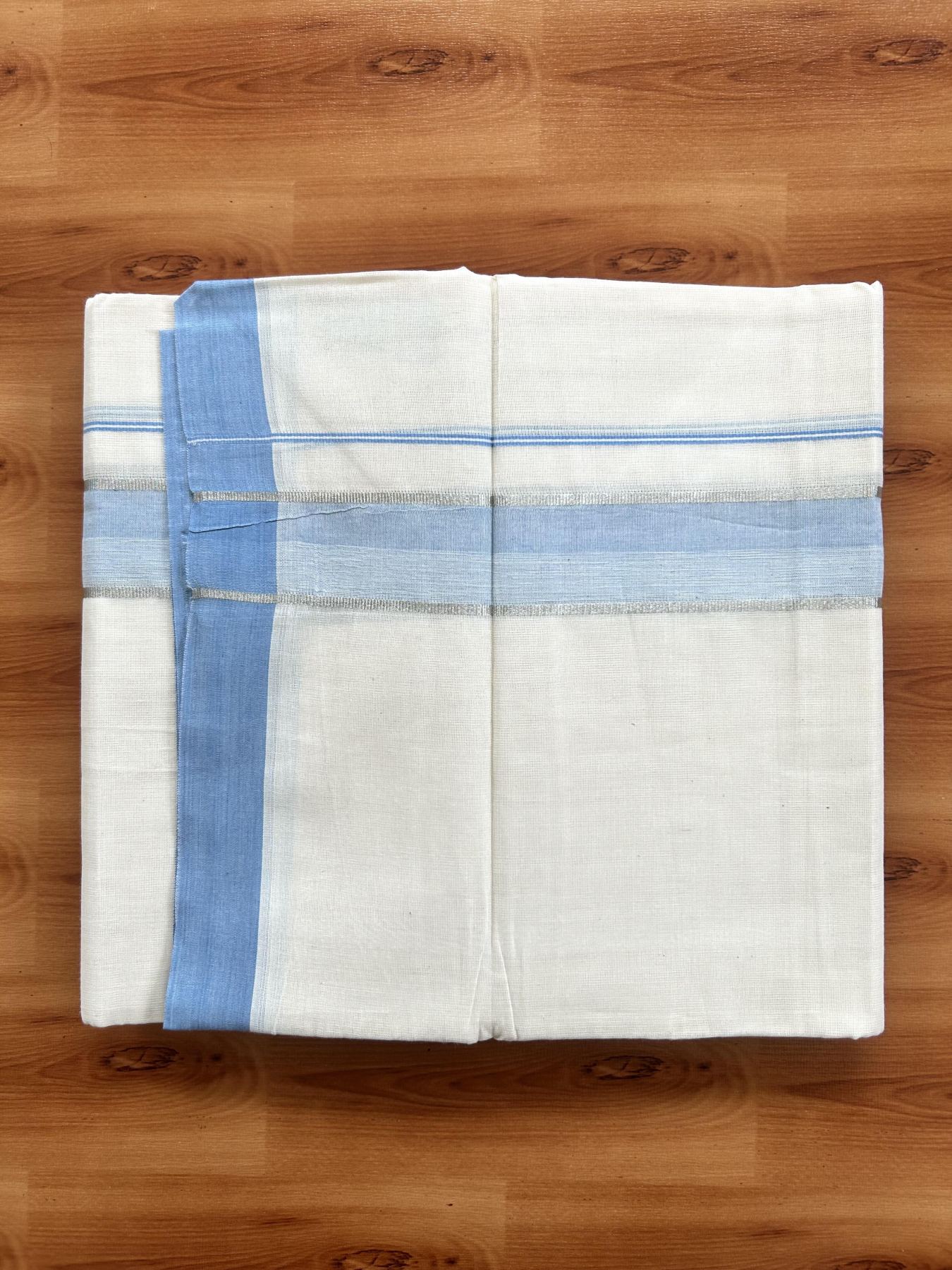 Double Off White (Unbleached) Mundu/Dhoti - 20% Discount! Kaitharikada Pure Cotton - 60s - 1.5 Inch Silver Kasav & Light Blue Shaded Kara 4 mtr (8.5 muzham) - 46 KK5460 PMC