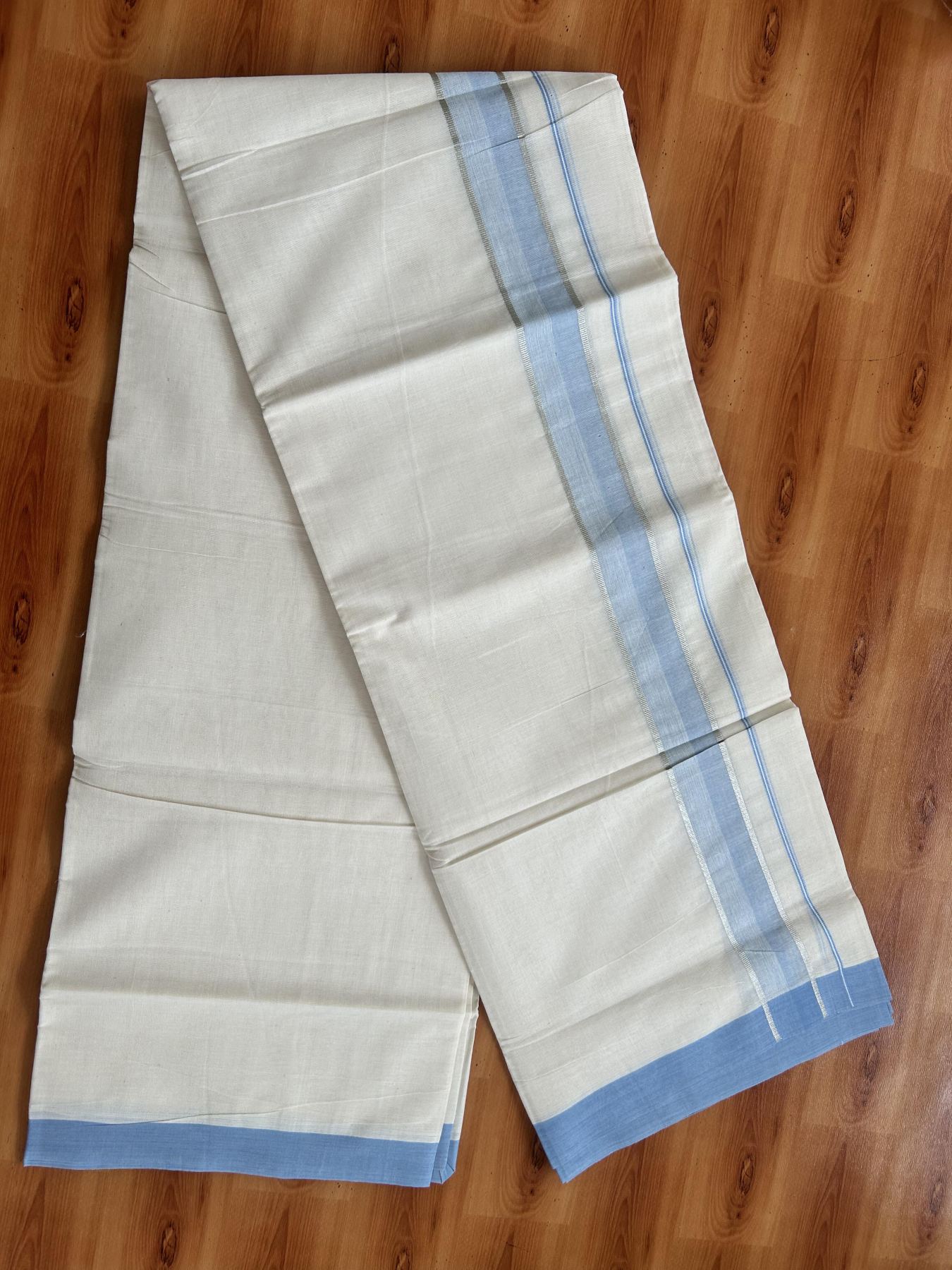 Double Off White (Unbleached) Mundu/Dhoti - 20% Discount! Kaitharikada Pure Cotton - 60s - 1.5 Inch Silver Kasav & Light Blue Shaded Kara 4 mtr (8.5 muzham) - 46 KK5460 PMC
