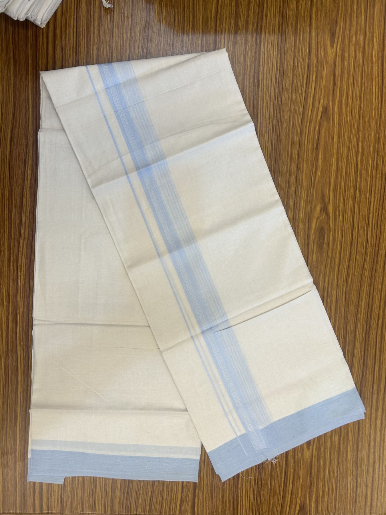 20% Discount! Kaitharikada Balaramapuram Double Off White Mundu/Dhoti - 100x80 - 1.75 Inch Light Sky Blue Shaded Stripes Kara 4 mtr (8.5 muzham) - 19 KK5311 VAS