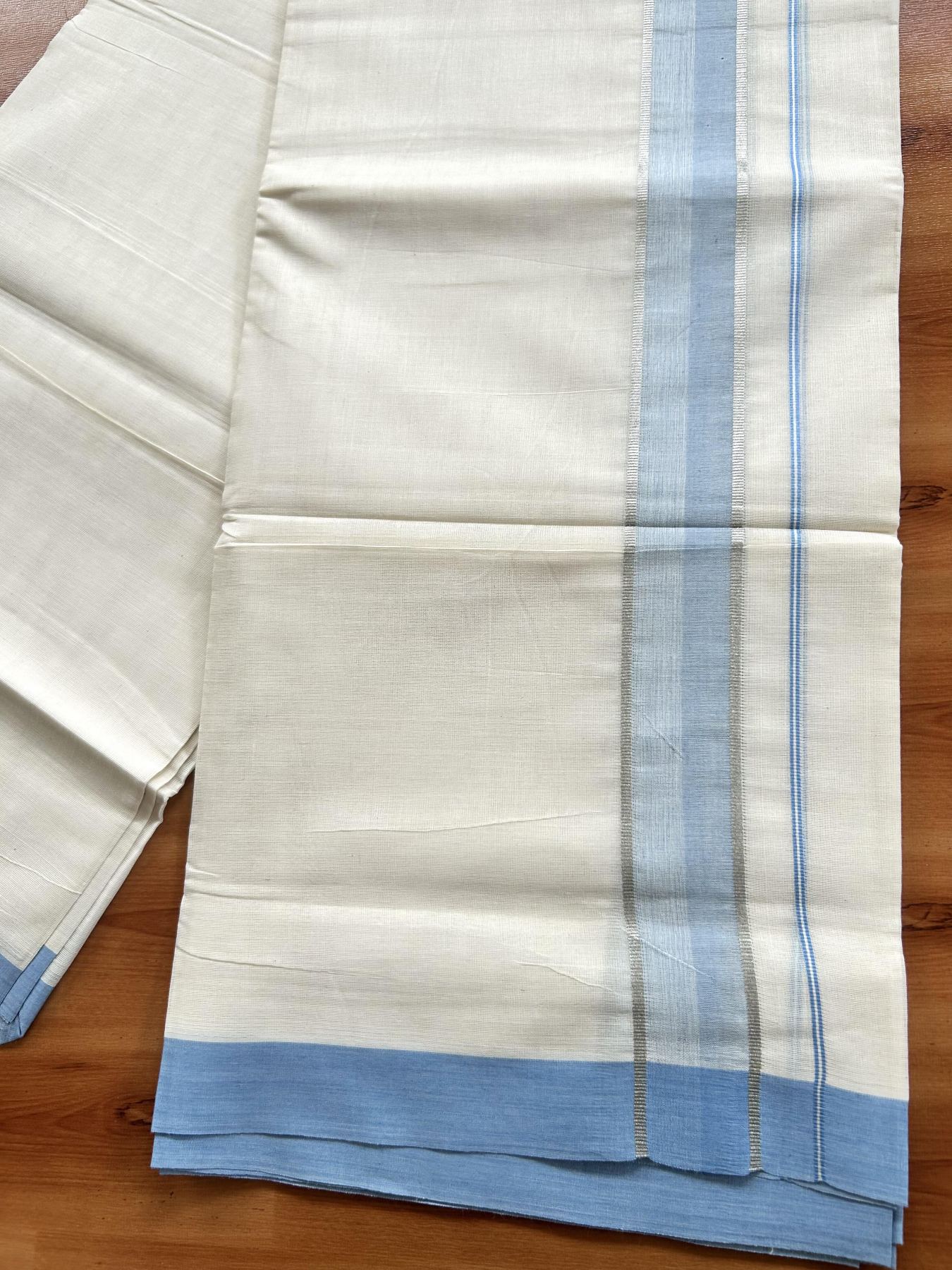 Double Off White (Unbleached) Mundu/Dhoti - 20% Discount! Kaitharikada Pure Cotton - 60s - 1.5 Inch Silver Kasav & Light Blue Shaded Kara 4 mtr (8.5 muzham) - 46 KK5460 PMC