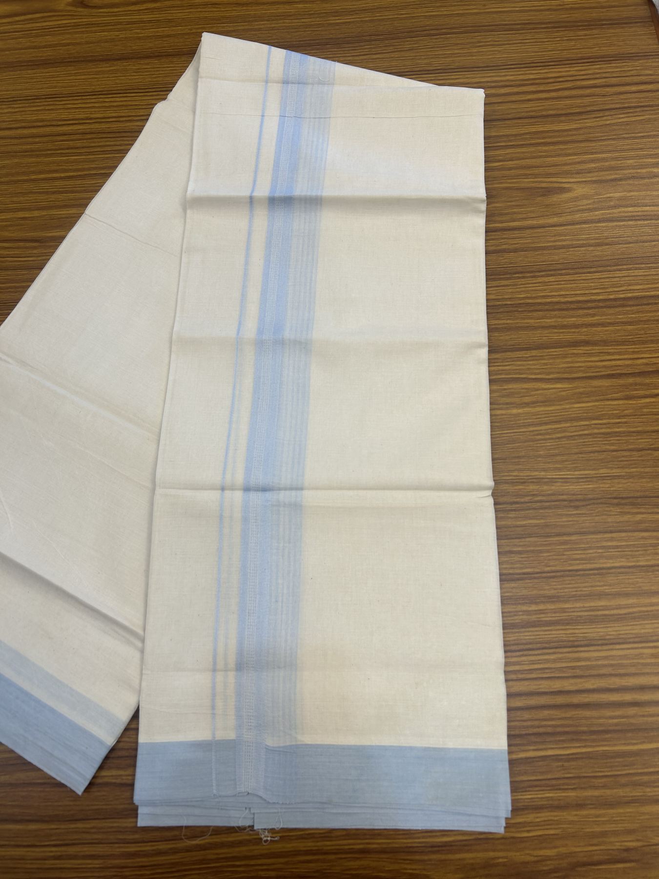 20% Discount! Kaitharikada Balaramapuram Double Off White Mundu/Dhoti - 100x80 - 1.75 Inch Light Sky Blue Shaded Stripes Kara 4 mtr (8.5 muzham) - 19 KK5311 VAS