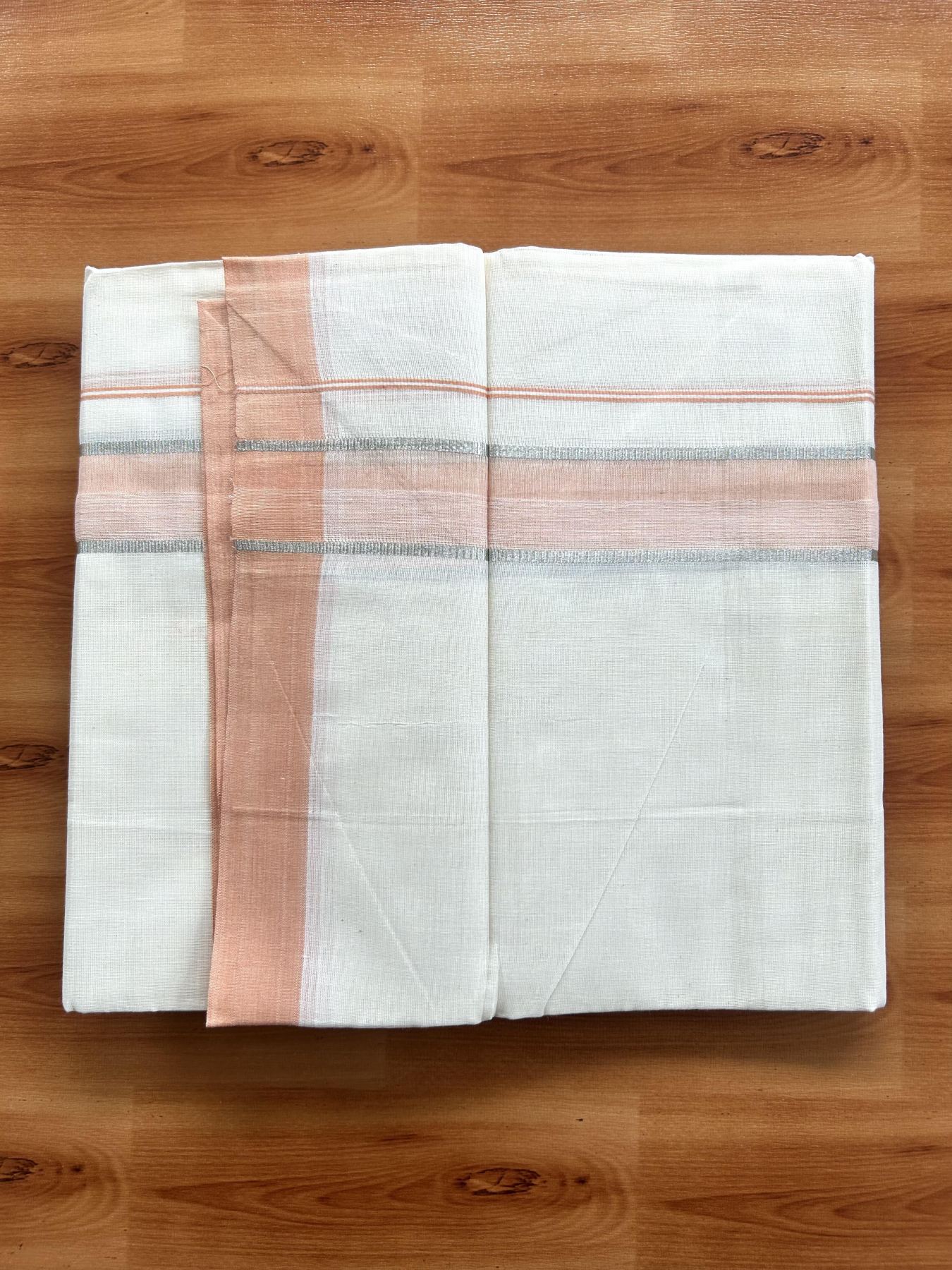 Double Off White (Unbleached) Mundu/Dhoti - 20% Discount! Kaitharikada Pure Cotton - 60s - 1.5 Inch Silver Kasav & Peach Shaded Kara 4 mtr (8.5 muzham) - 47 KK5460 PMC