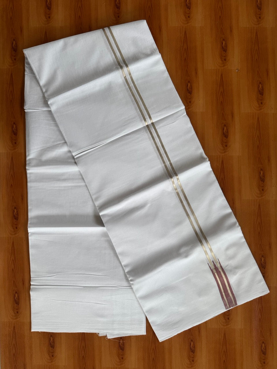 Pure white Double Mundu/Dhoti - 20% Discount! KaithariKada 100% Cotton - 100X80 - 0.75 inch Silver Kasav Maroon Magenta Mix Double Chutty Kara - 3.90 mtr (8.5 muzham) - 8 KK5480 CKS
