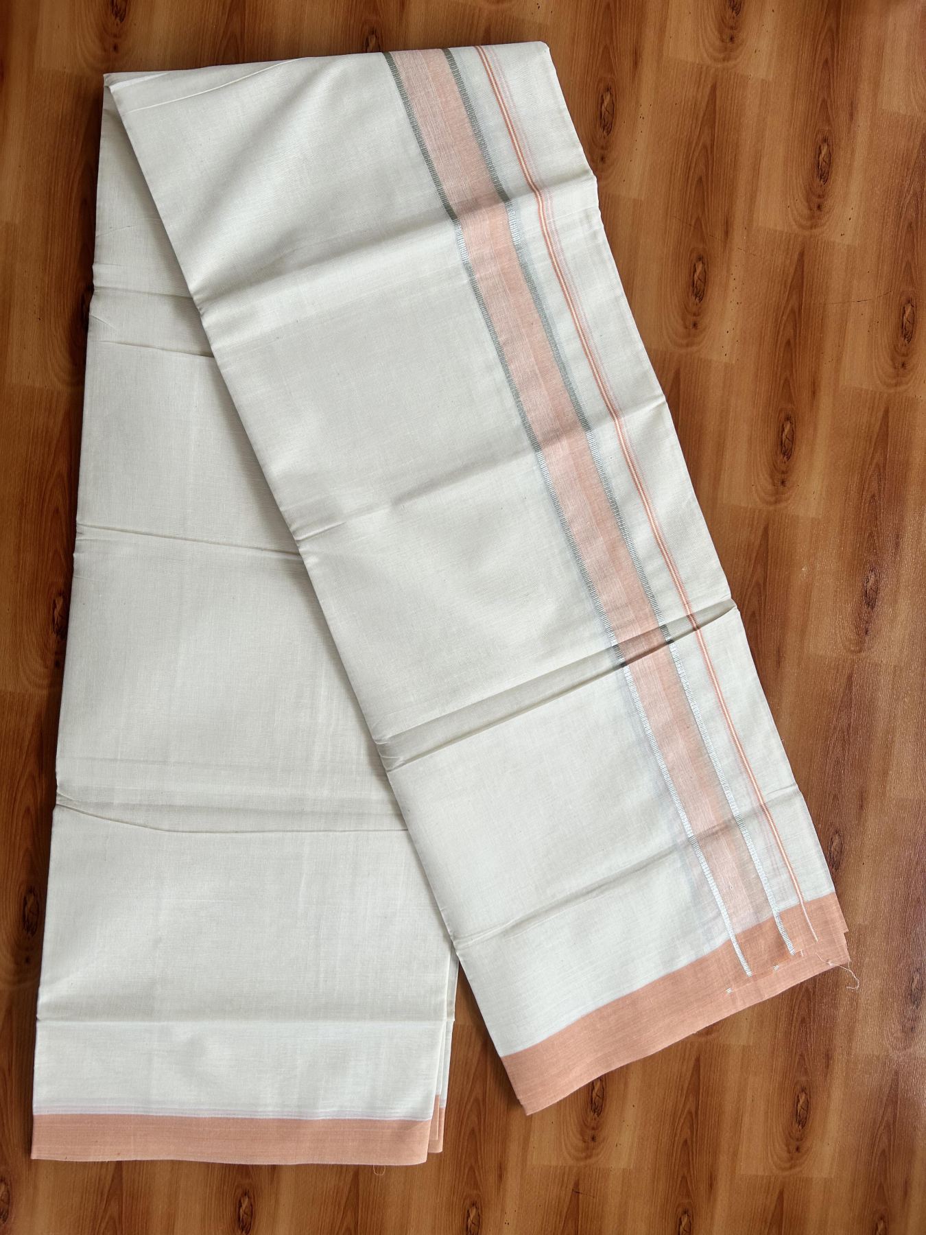 Double Off White (Unbleached) Mundu/Dhoti - 20% Discount! Kaitharikada Pure Cotton - 60s - 1.5 Inch Silver Kasav & Peach Shaded Kara 4 mtr (8.5 muzham) - 47 KK5460 PMC