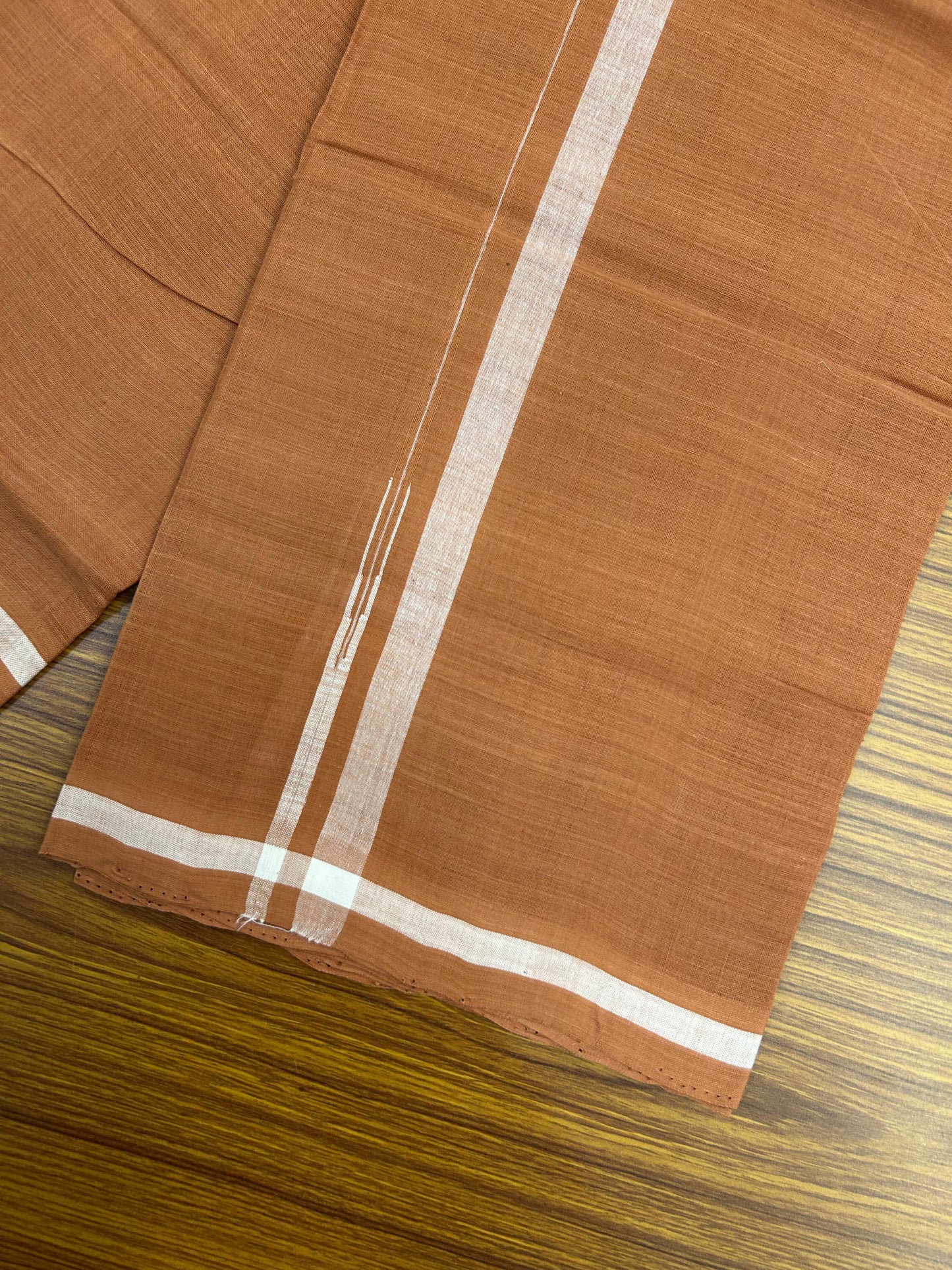 Kerala Handloom Single  - KaithariKada 100% Pure Cotton - Mundu/Dhoti Kavi Body & 0.75 inch Puliyilakkara White Chutty Kara - (2 meter / 4 muzham)- 47 KK8051 ELA