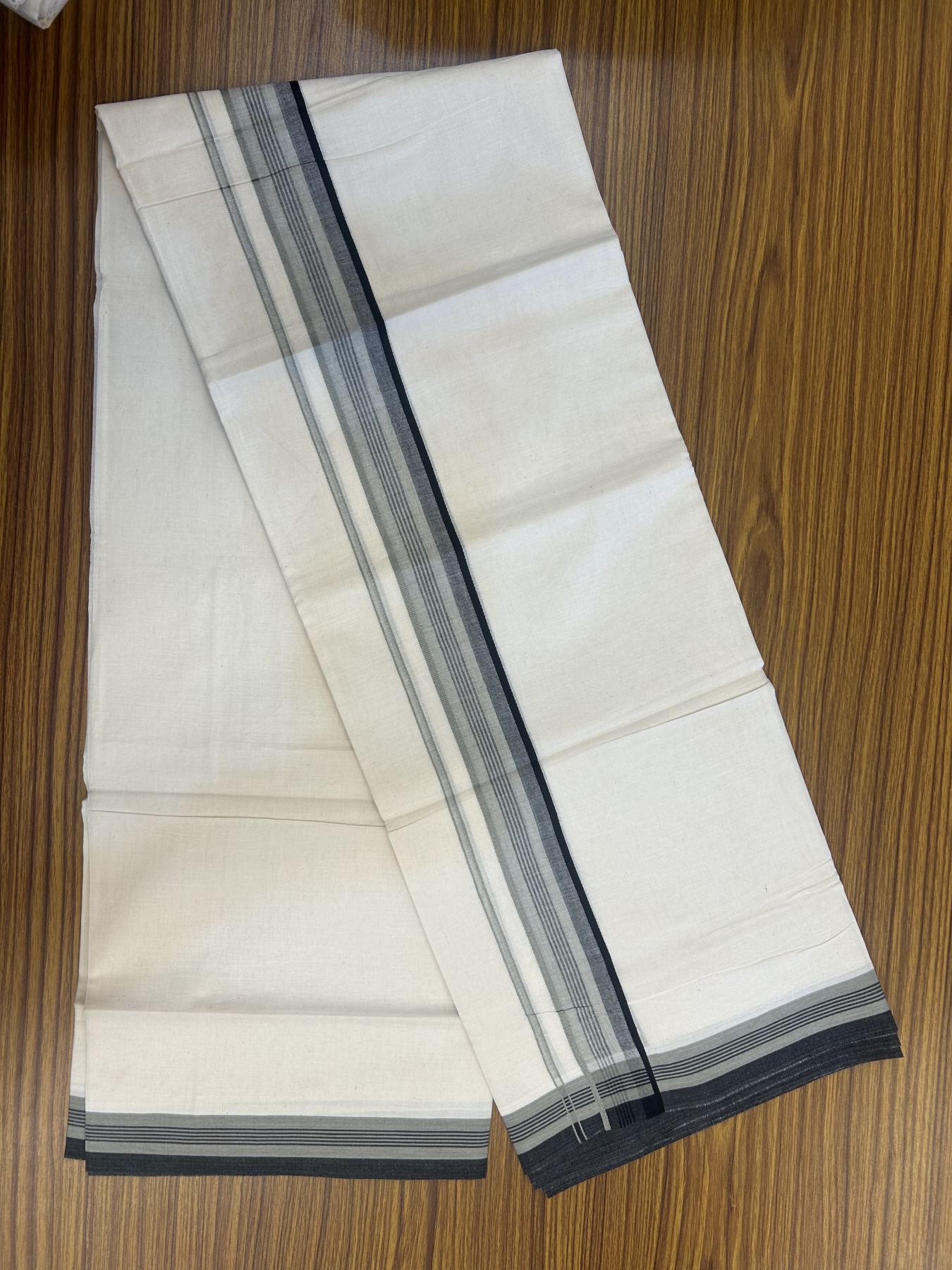 20% Discount! Kaitharikada Balaramapuram Double Off White Mundu/Dhoti - 100x80 - 1.5 Inch Black Shaded Stripes Kara 4 mtr (8.5 muzham) - 28 KK5311 VAS