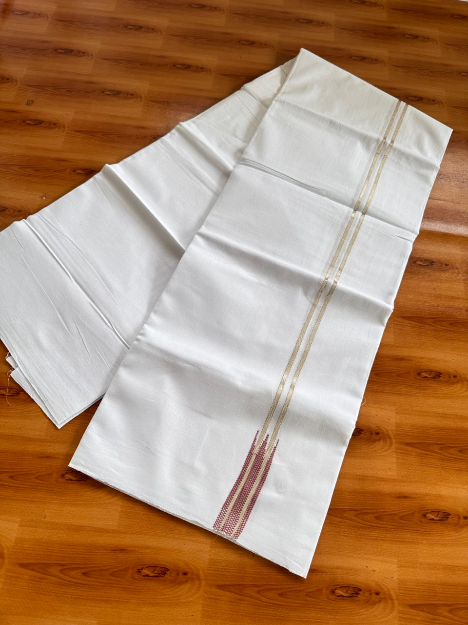Pure white Double Mundu/Dhoti - 20% Discount! KaithariKada 100% Cotton - 100X80 - 0.75 inch Silver Kasav Maroon Magenta Mix Double Chutty Kara - 3.90 mtr (8.5 muzham) - 8 KK5480 CKS