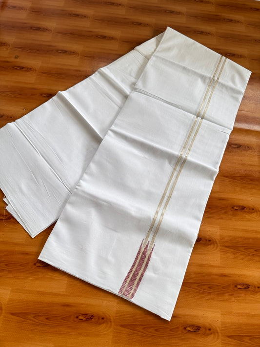 Pure white Double Mundu/Dhoti - 20% Discount! KaithariKada 100% Cotton - 100X80 - 0.75 inch Silver Kasav Maroon Magenta Mix Double Chutty Kara - 3.90 mtr (8.5 muzham) - 8 KK5480 CKS