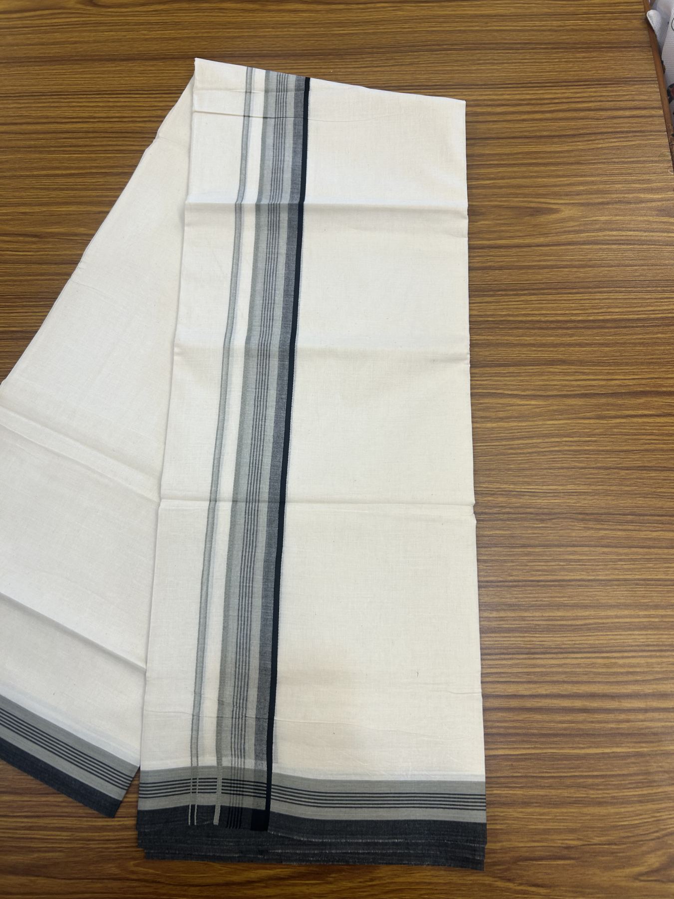 20% Discount! Kaitharikada Balaramapuram Double Off White Mundu/Dhoti - 100x80 - 1.5 Inch Black Shaded Stripes Kara 4 mtr (8.5 muzham) - 28 KK5311 VAS