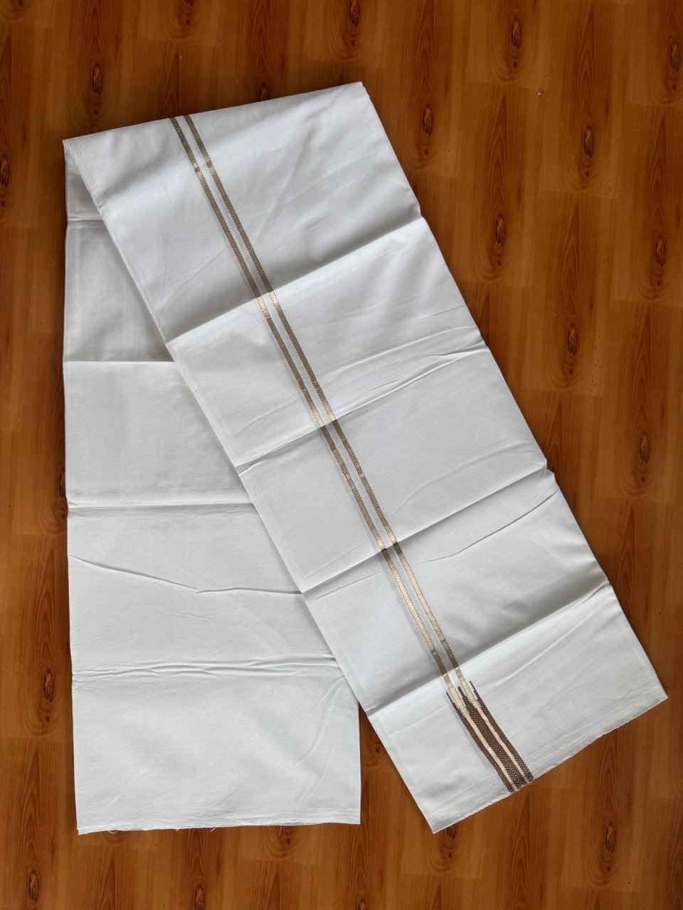 Pure white Double Mundu/Dhoti - 20% Discount! KaithariKada 100% Cotton - 100X80 - 0.75 inch Silver Kasav Brown Double Chutty Kara - 3.90 mtr (8.5 muzham) - 9 KK5480 CKS