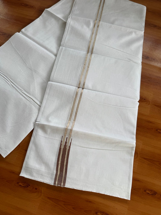 Pure white Double Mundu/Dhoti - 20% Discount! KaithariKada 100% Cotton - 100X80 - 0.75 inch Silver Kasav Brown Double Chutty Kara - 3.90 mtr (8.5 muzham) - 9 KK5480 CKS