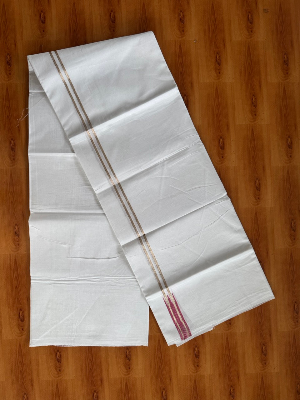 Pure white Double Mundu/Dhoti - 20% Discount! KaithariKada 100% Cotton - 100X80 - 0.75 inch Silver Kasav Rose Pink Chutty Kara - 3.90 mtr (8.5 muzham) - 10 KK5480 CKS
