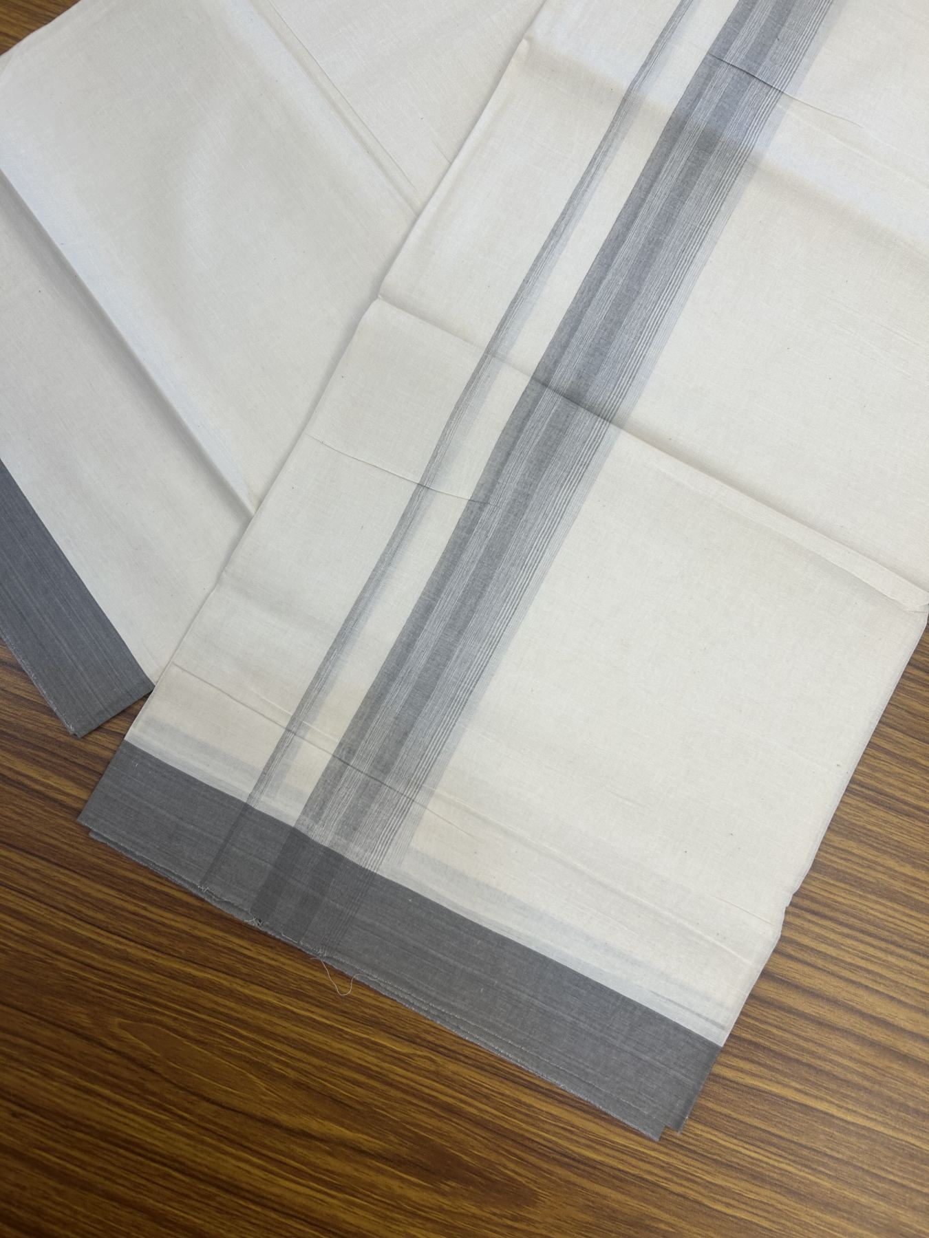 20% Discount! Kaitharikada Balaramapuram Double Off White Mundu/Dhoti - 100x80 - 1.25 Inch Light Grey Shaded Stripes Kara 4 mtr (8.5 muzham) - 17 KK5311 VAS