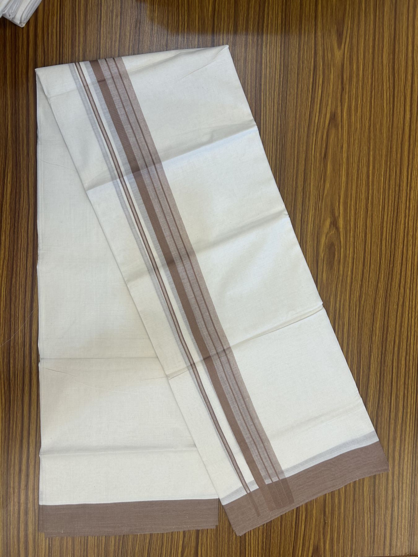 20% Discount! Kaitharikada Balaramapuram Double Off White Mundu/Dhoti - 100x80 - 1.5 Inch Cinnamon Brown Shaded Stripes Kara 4 mtr (8.5 muzham) - 30 KK5311 VAS