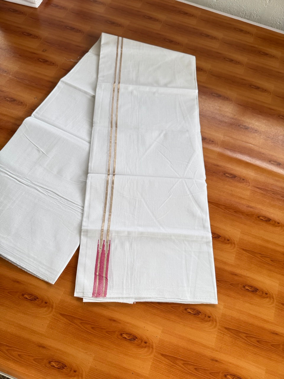Pure white Double Mundu/Dhoti - 20% Discount! KaithariKada 100% Cotton - 100X80 - 0.75 inch Silver Kasav Rose Pink Chutty Kara - 3.90 mtr (8.5 muzham) - 10 KK5480 CKS