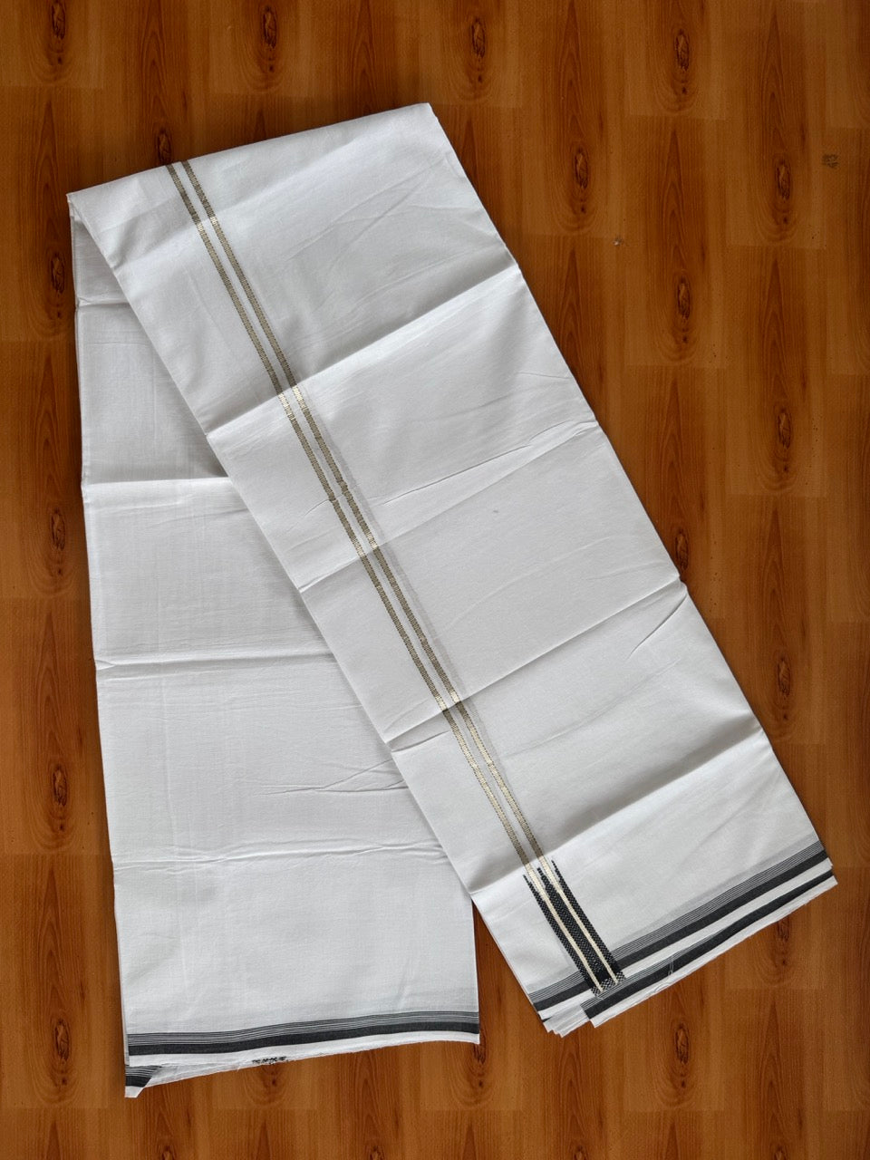 Pure white Double Mundu/Dhoti - 20% Discount! KaithariKada 100% Cotton - 100X80 - 0.75 inch Silver Kasav Black Chutty Kara - 3.90 mtr (8.5 muzham) - 11 KK5480 CKS