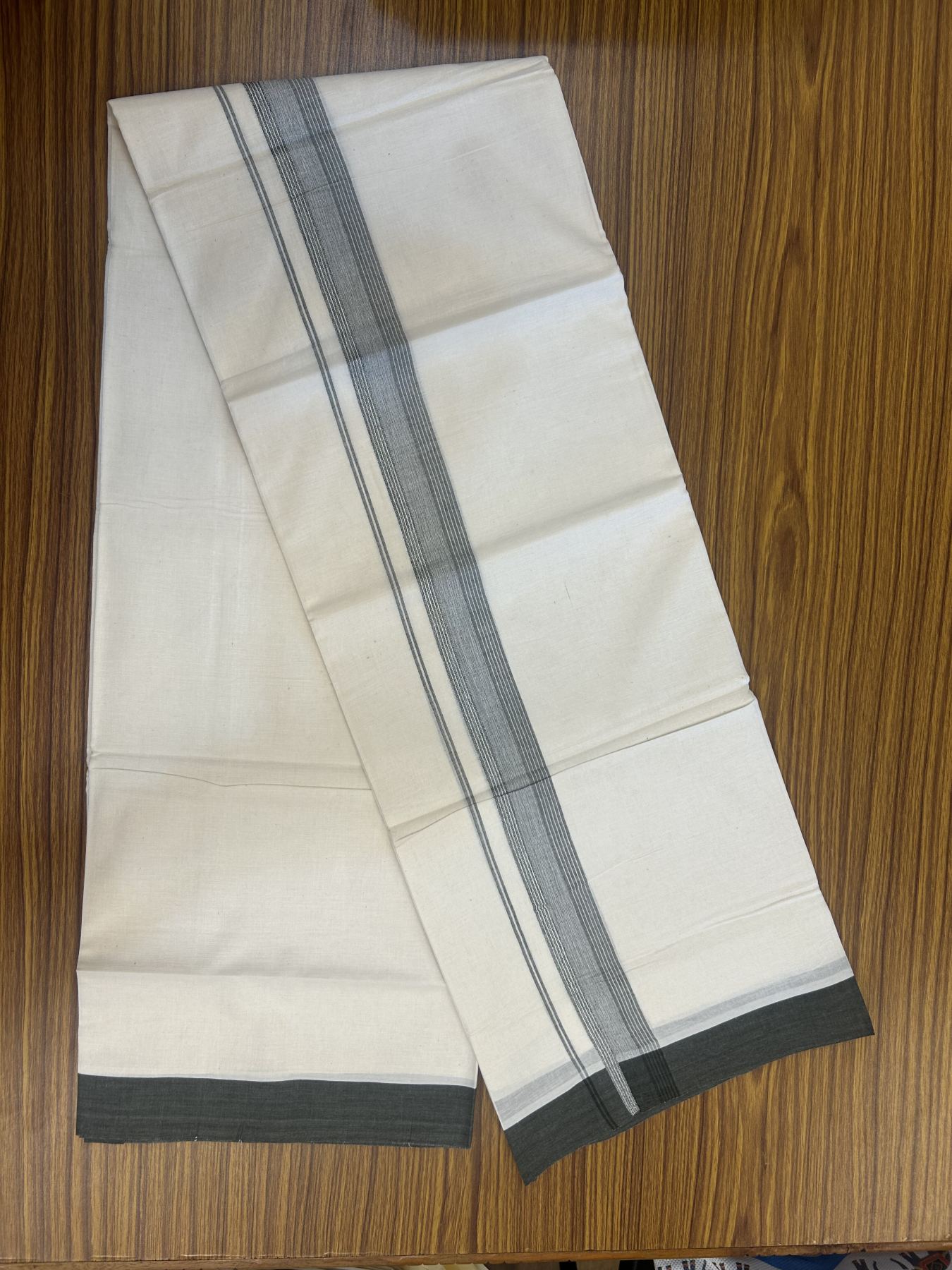 20% Discount! Kaitharikada Balaramapuram Double Off White Mundu/Dhoti - 100x80 - 1.5 Inch Army Green Shaded Stripes Kara 4 mtr (8.5 muzham) - 26 KK5311 VAS