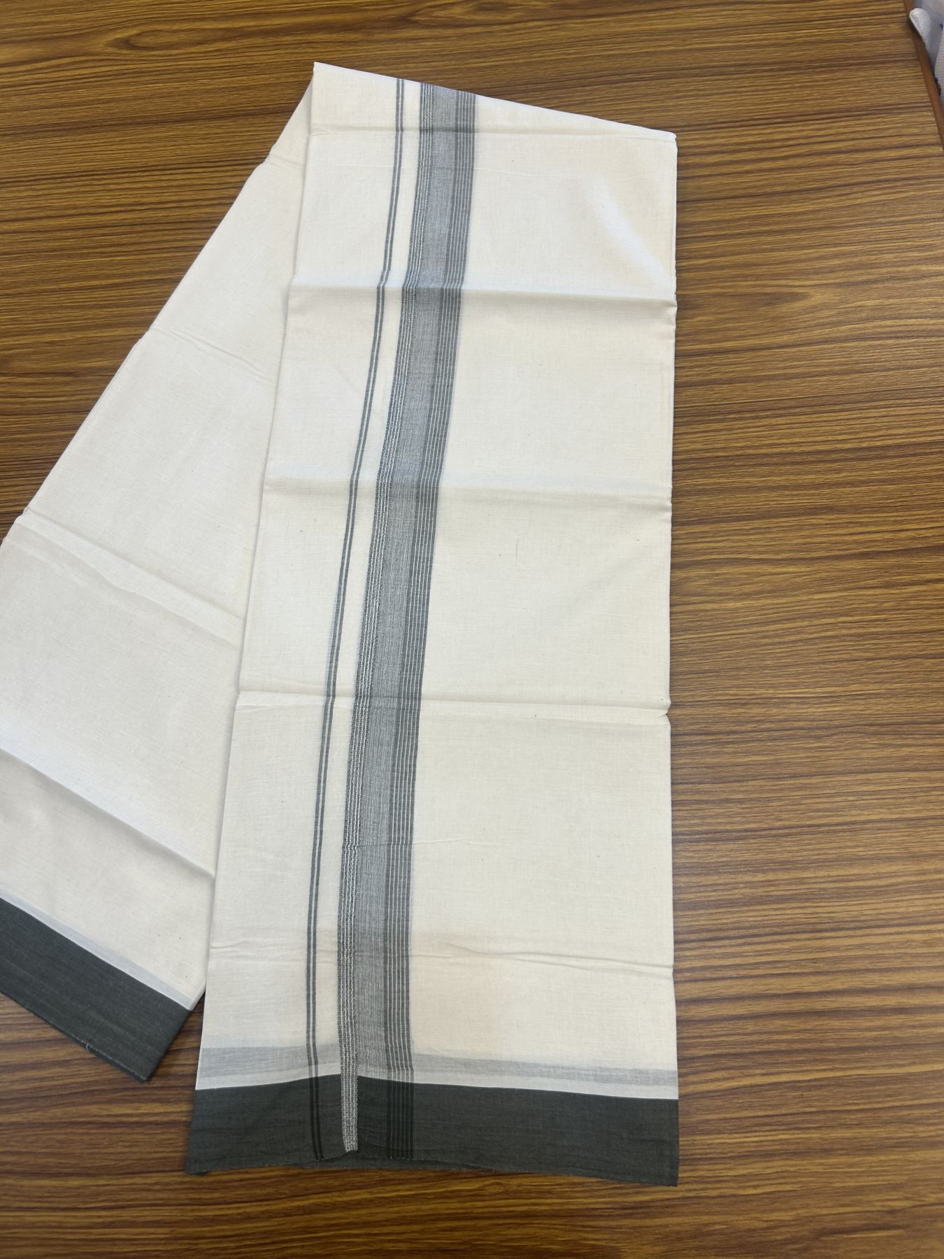 20% Discount! Kaitharikada Balaramapuram Double Off White Mundu/Dhoti - 100x80 - 1.5 Inch Army Green Shaded Stripes Kara 4 mtr (8.5 muzham) - 26 KK5311 VAS