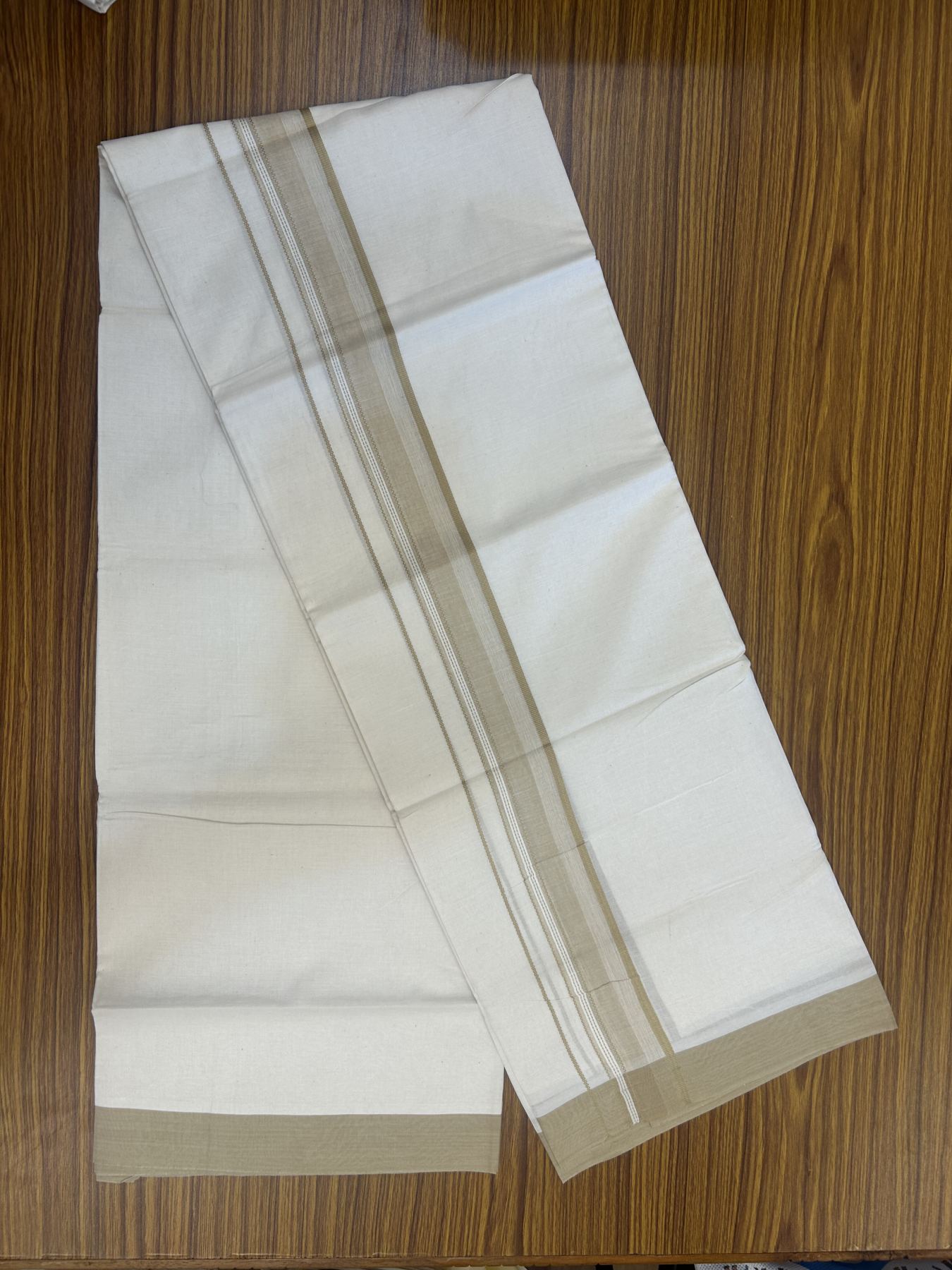 20% Discount! Kaitharikada Balaramapuram Double Off White Mundu/Dhoti -100x80 - 1.5 Inch Sand Brown Stripes Kara 4 mtr (8.5 muzham) - 9 KK5311 VAS