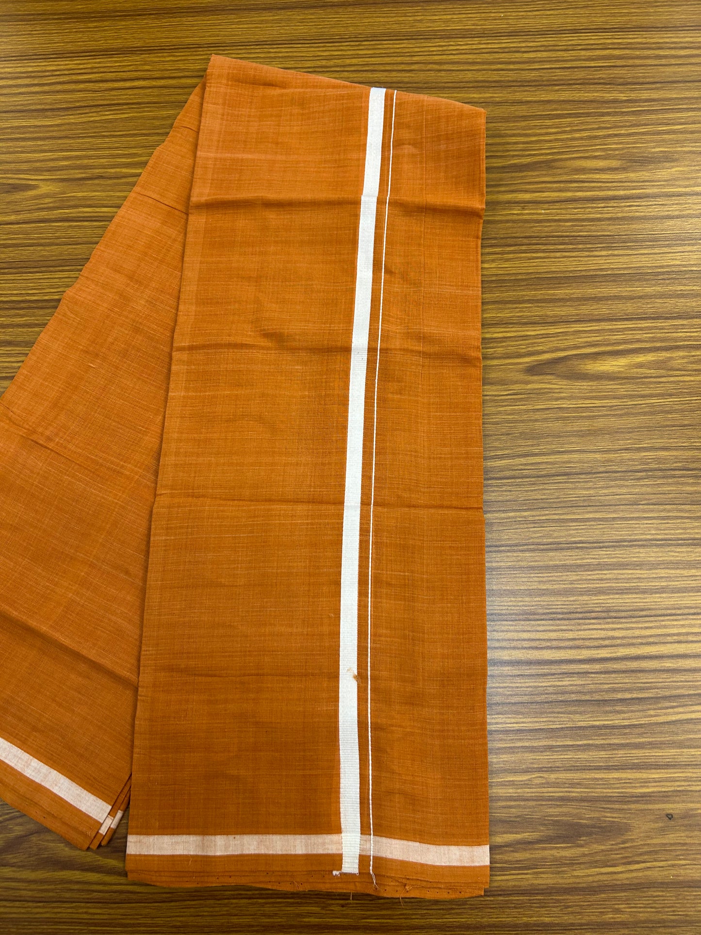 Kerala Handloom Single  - KaithariKada 100% Pure Cotton - Mundu/Dhoti Orange Brown Body & 0.5 inch White Kara - (2 meter / 4 muzham)- 19 KK8051 ELA
