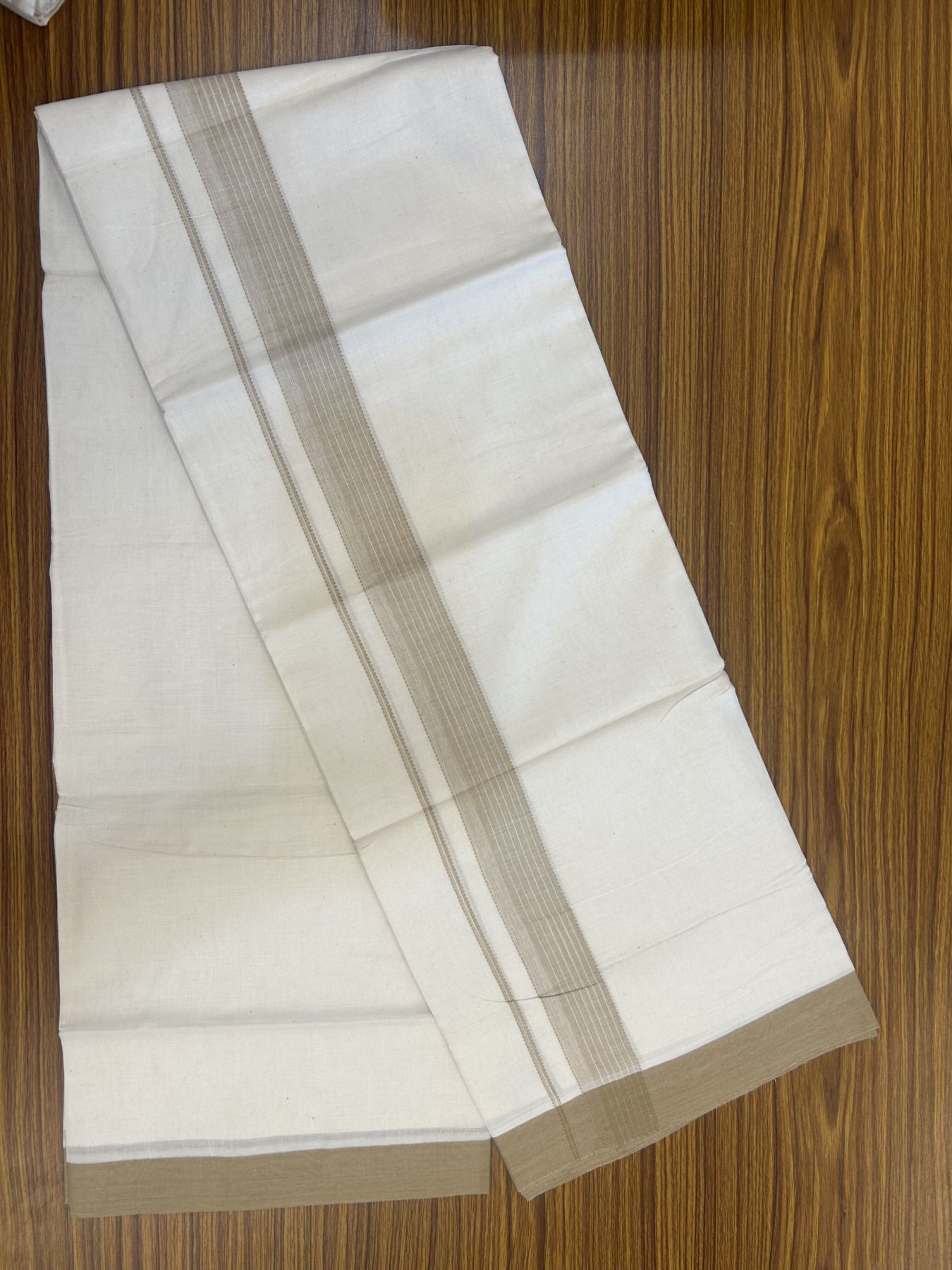 20% Discount! Kaitharikada Balaramapuram Double Off White Mundu/Dhoti - 100x80 - 1.5 Inch Sand Brown Shaded Stripes Kara 4 mtr (8.5 muzham) - 24 KK5311 VAS