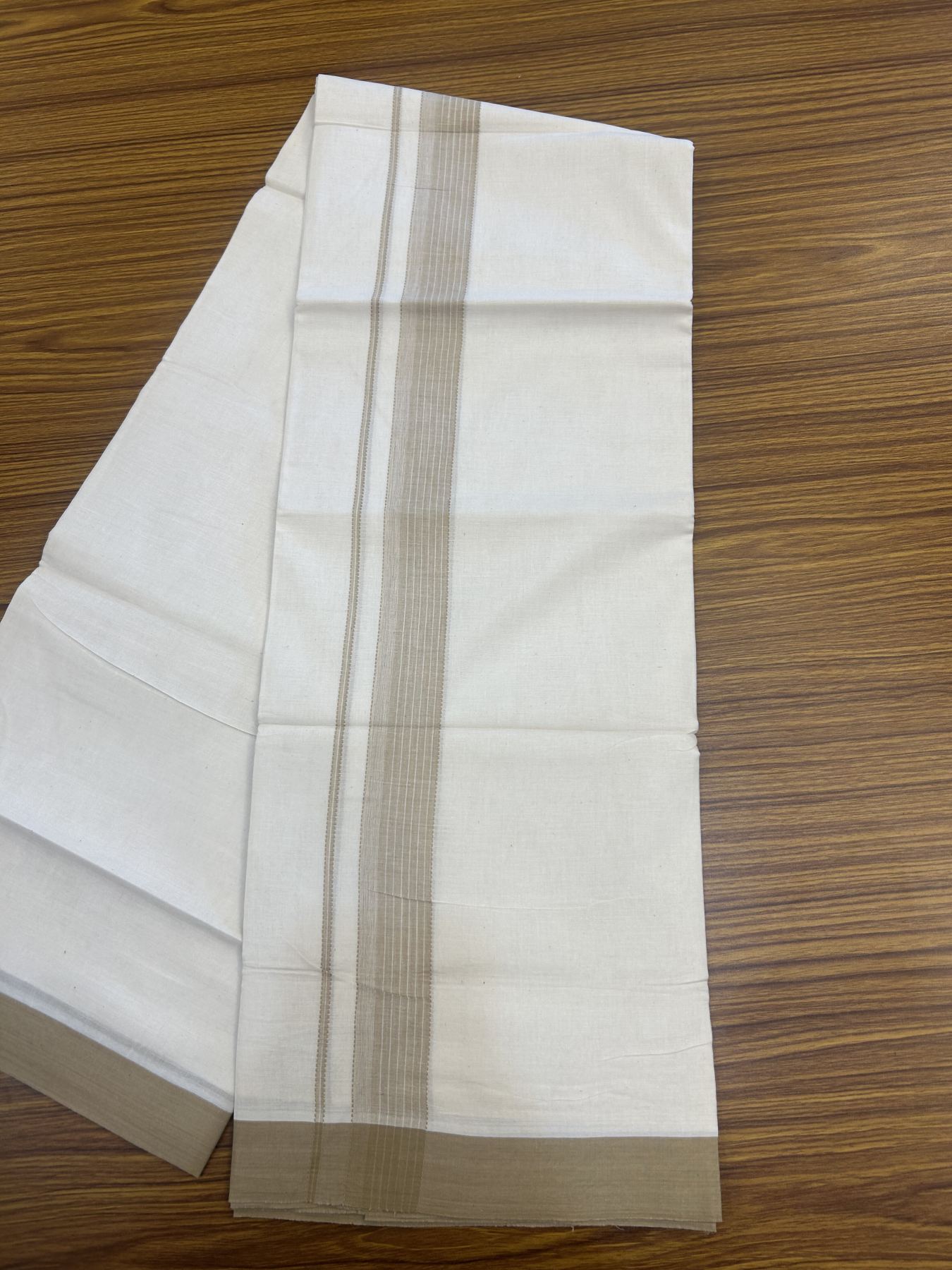 20% Discount! Kaitharikada Balaramapuram Double Off White Mundu/Dhoti - 100x80 - 1.5 Inch Sand Brown Shaded Stripes Kara 4 mtr (8.5 muzham) - 24 KK5311 VAS