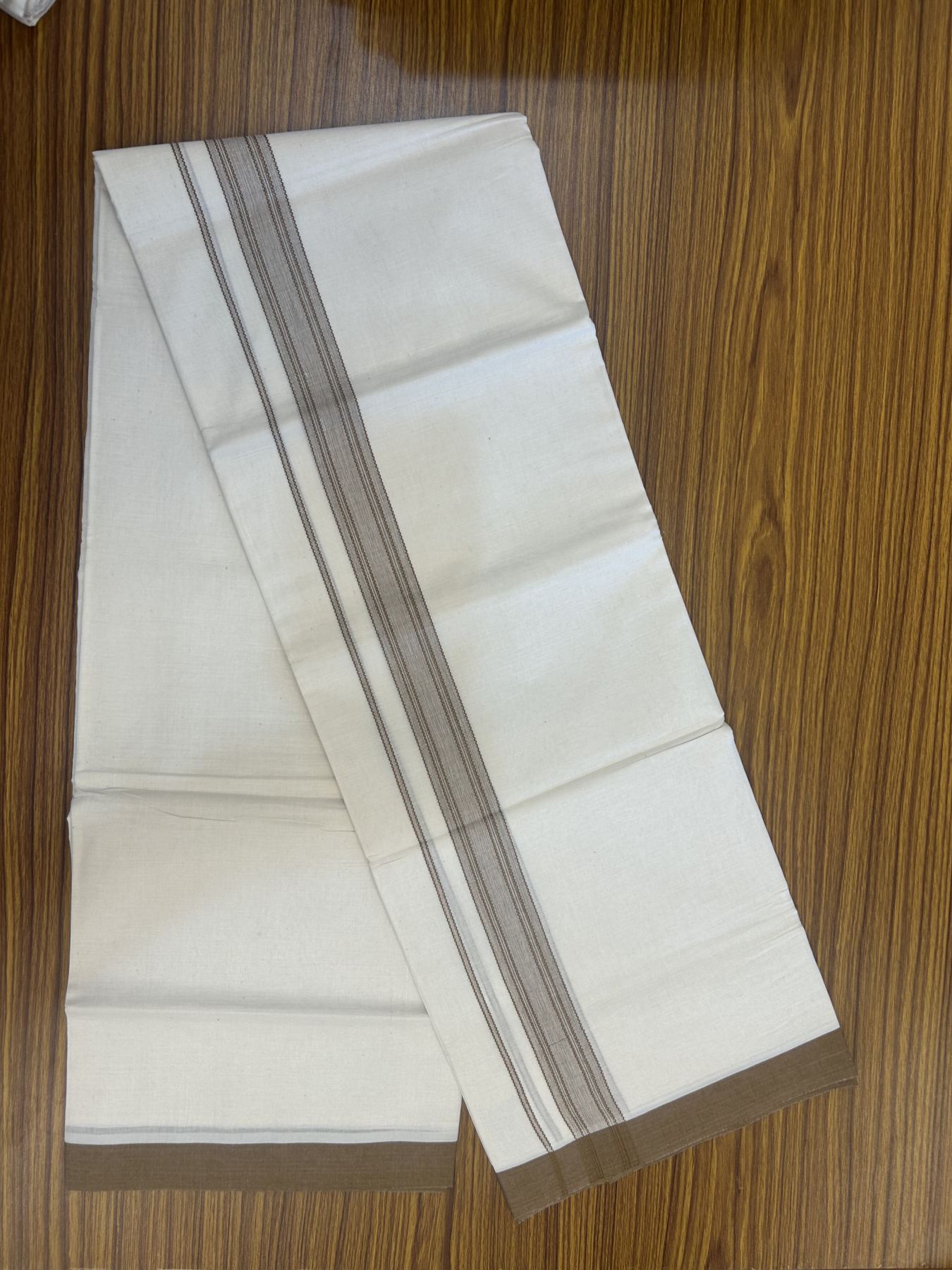 20% Discount! Kaitharikada Balaramapuram Double Off White Mundu/Dhoti -100x80 - 1.25 Inch Caramel Brown Shaded Stripes Kara 4 mtr (8.5 muzham) - 12 KK5311 VAS